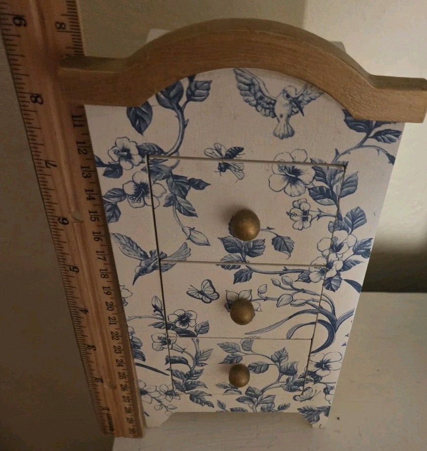 Table Top Mini Dresser Jewelry/ Trinket Box Storage Blue White Floral Pattern