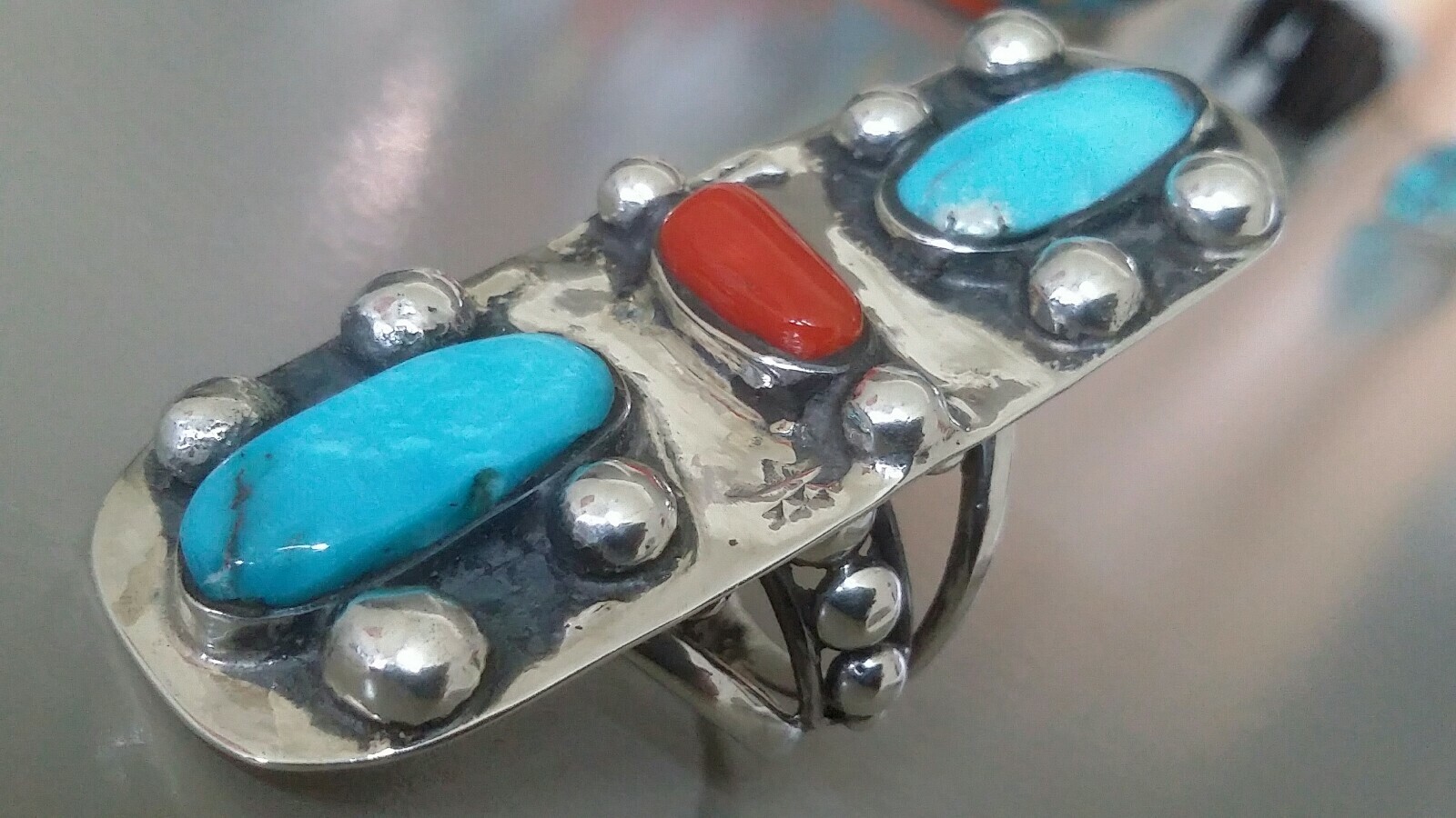 NEW ROGER SKEET JR NAVAJO LONG FINGER RING NATURAL TURQUOISE CORAL SZ.7