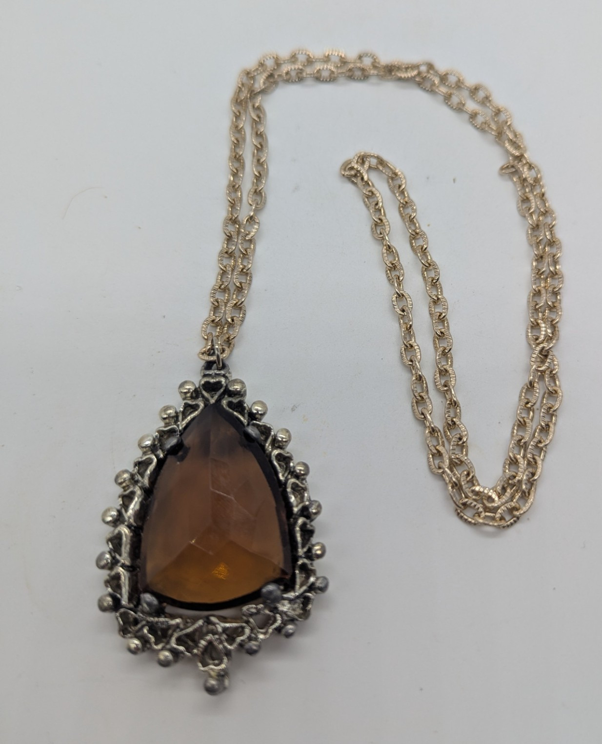Silver Tone Teardrop Pendant Necklace Brown Stone, Bezel Set, Cable Chain