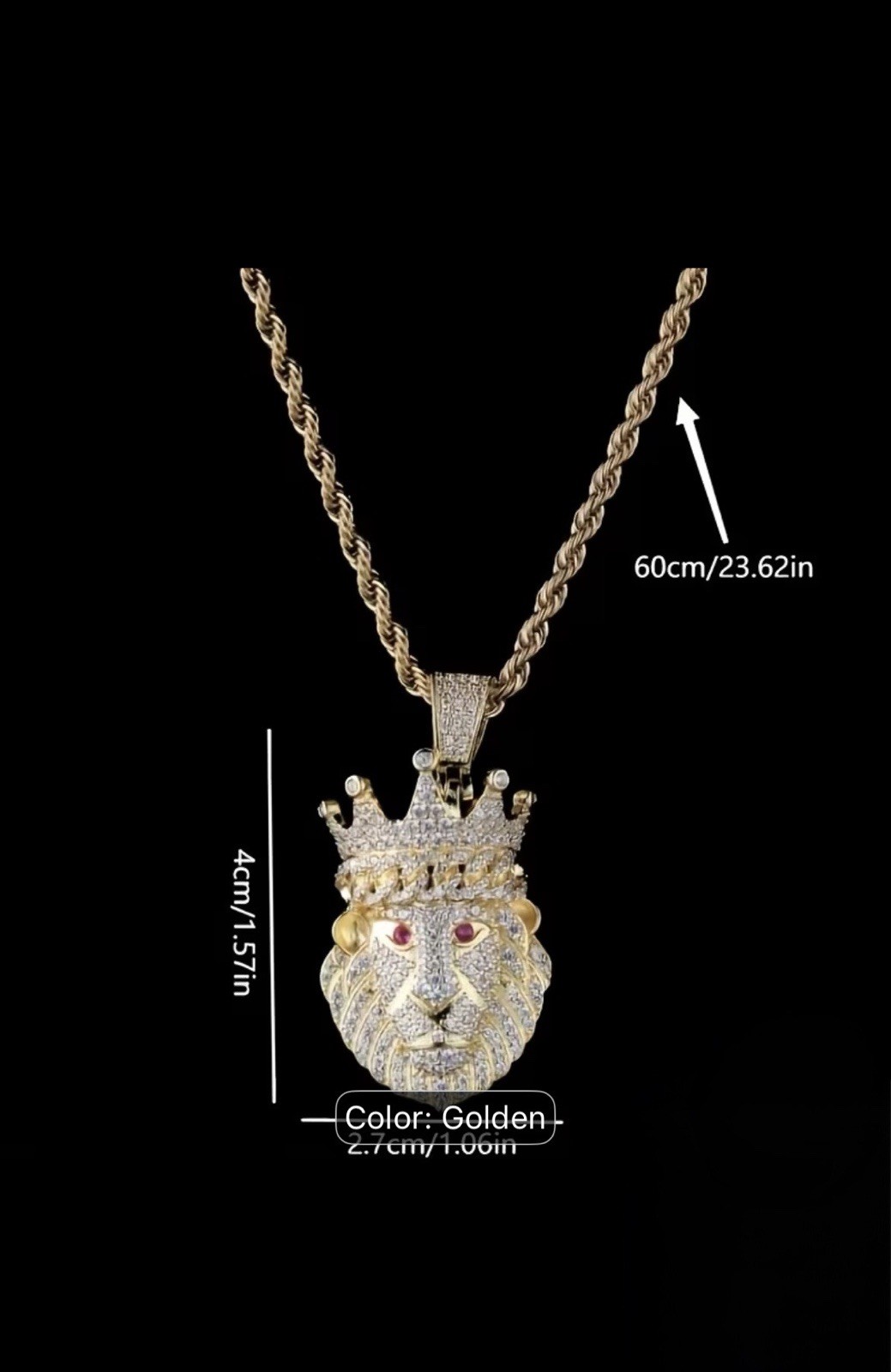 Gold Tone Rope Chain Lion Head Crown Pendant Pavé Clear Crystal 23.62in