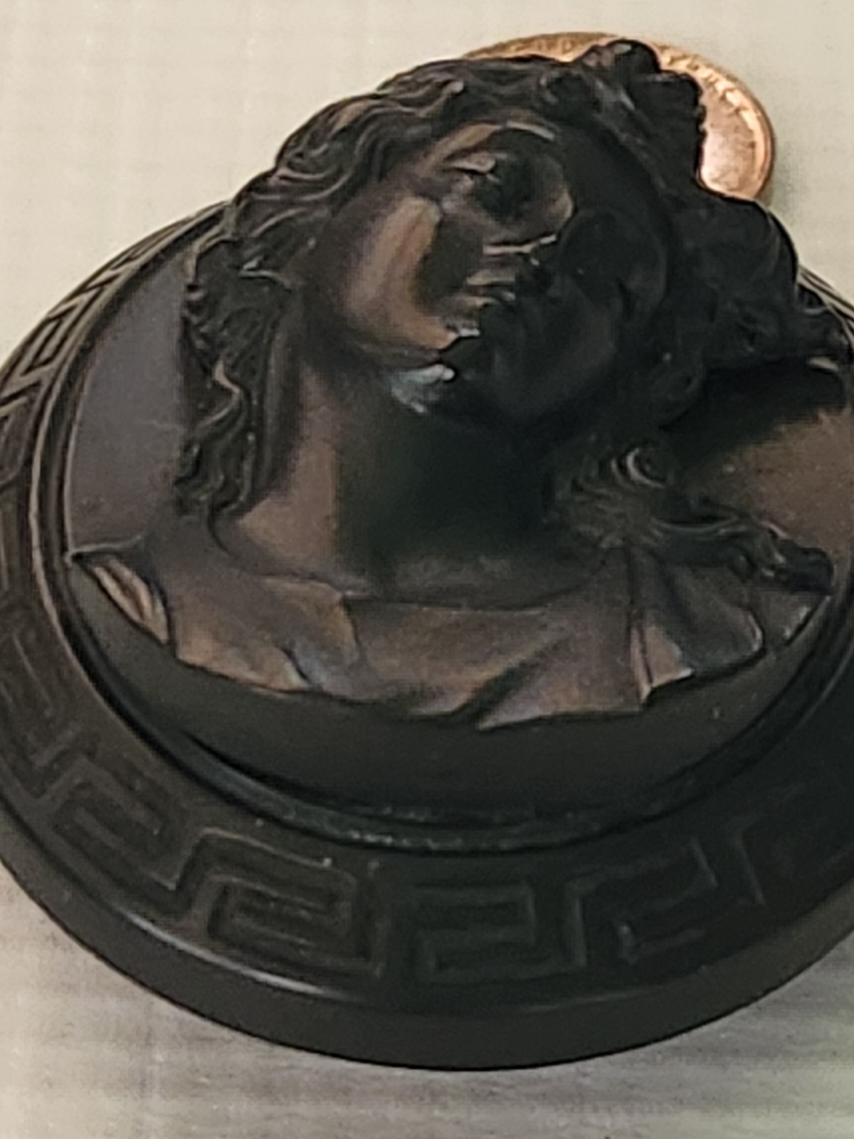 Antique 3D Victorian Vulcanite Cameo Brooch/Pin, Greek Key Design Border