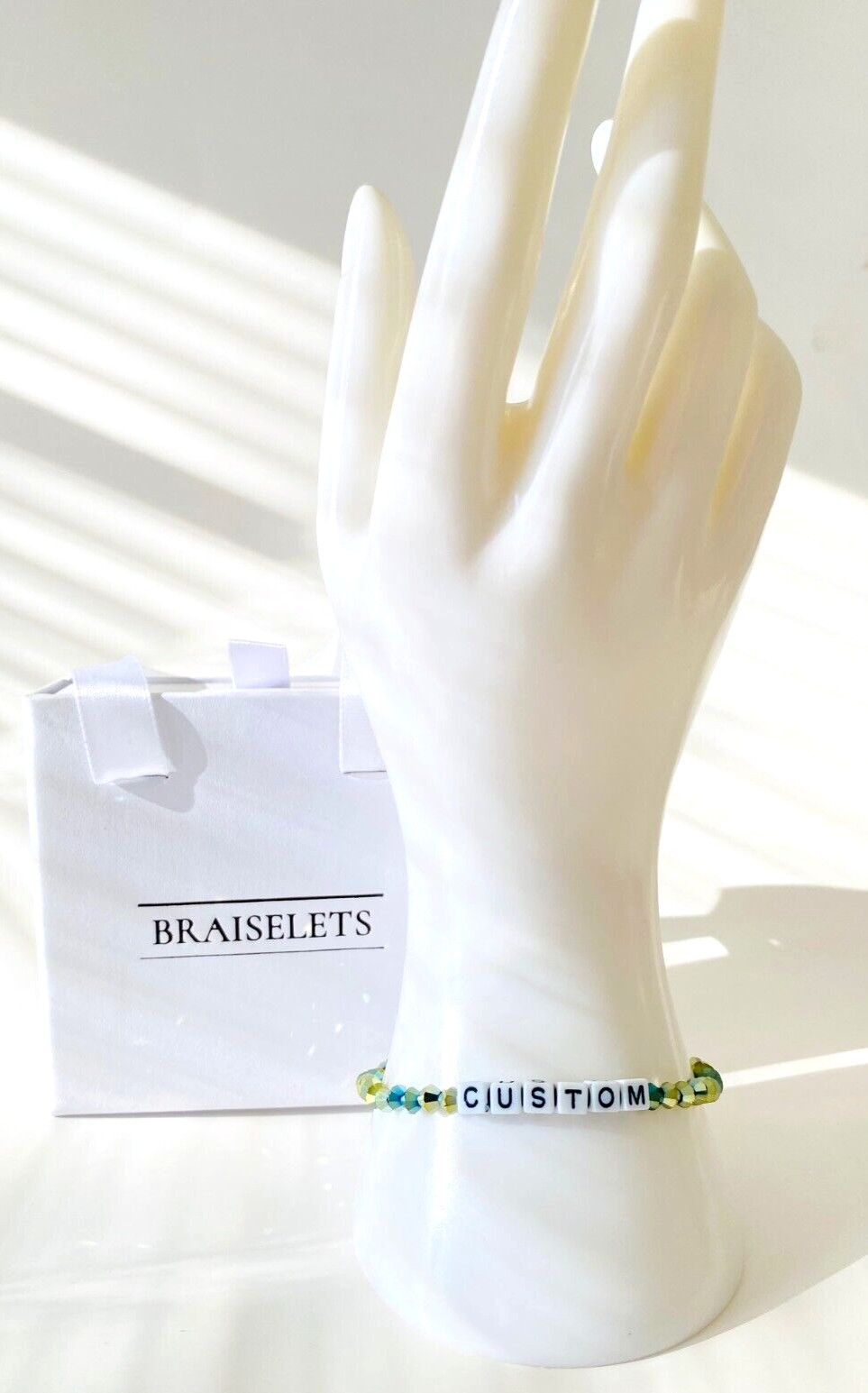 Custom Name Bracelet 4mm Multicolor Green Beads White Letters Word Jewelry Gift