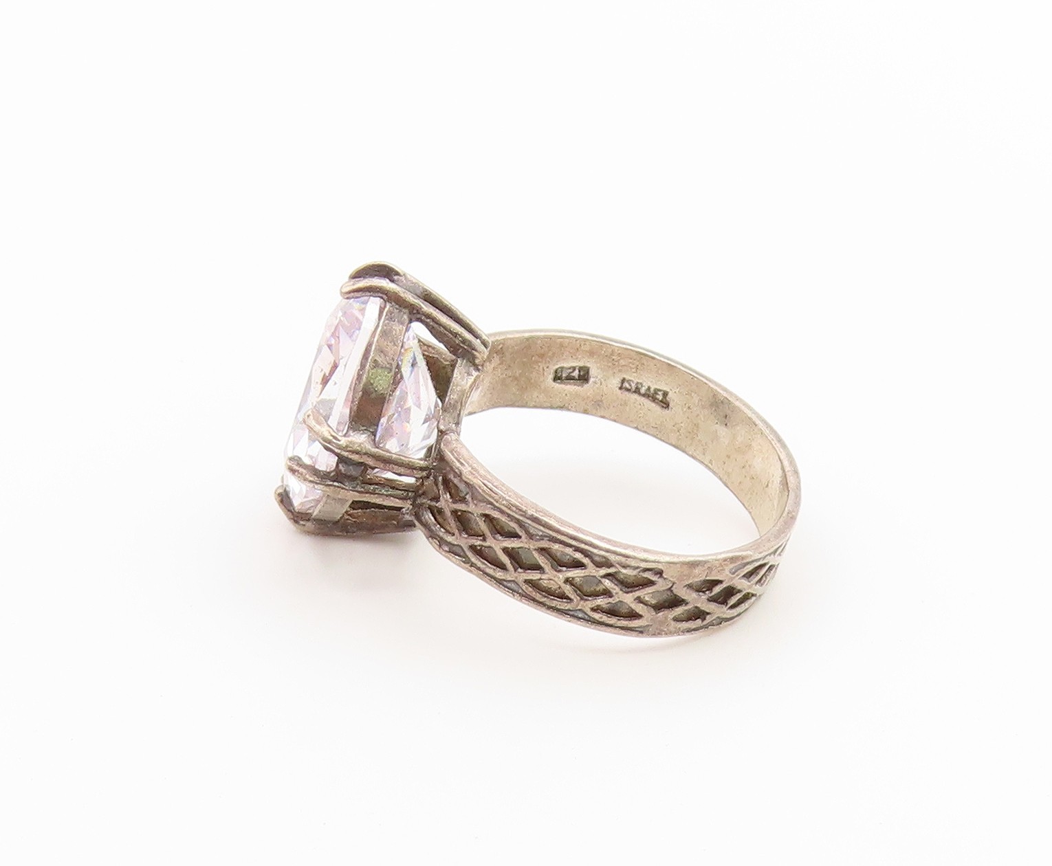 925 Sterling Silver Vintage Ring ISRAEL CZ Textured Latticework Sz 7.5 RG36884