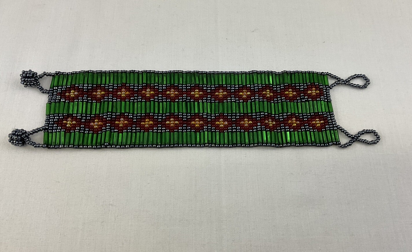 Glass Beaded Bracelet Aztec Style Black Gold Green Red L 7-1/2” x W2”