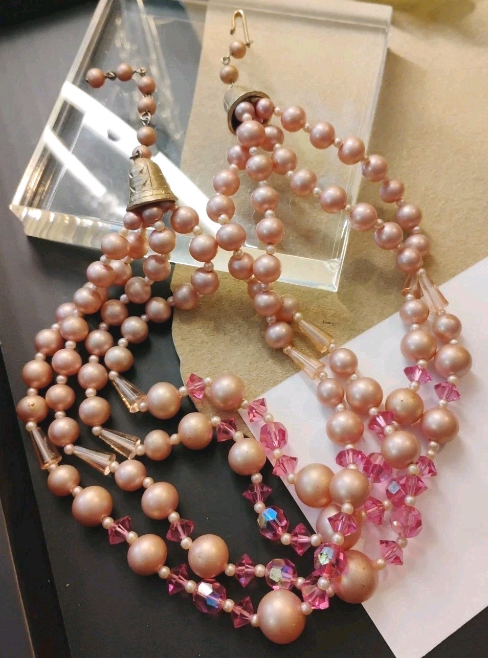 MCM Unsigned 14″+ Dusty Rose Faceted Pink Triple Strand Necklace, Ornate Clasp!