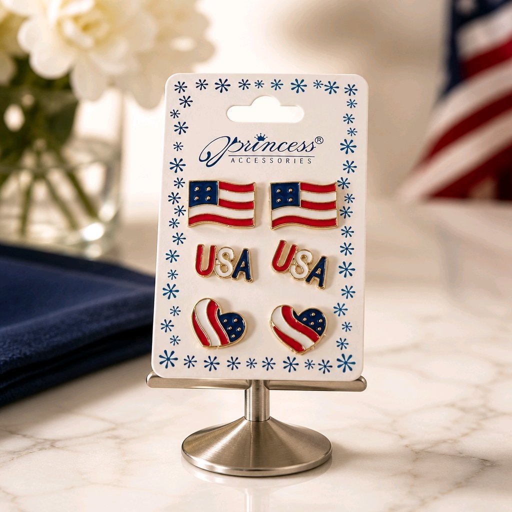 NWT Princess Accessories Patriotic Stud Earrings Set 4th of July USA Flag Star