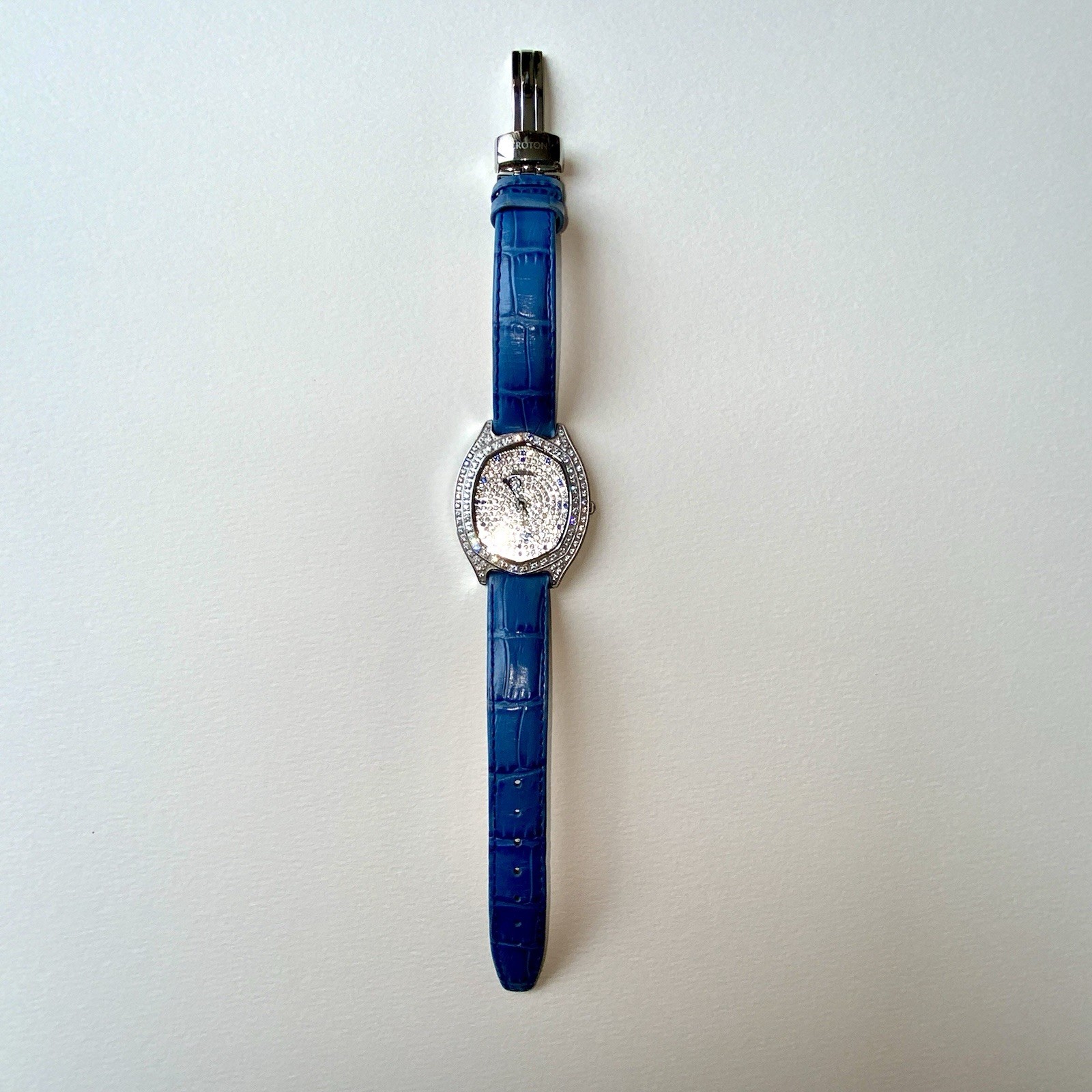 Croton Oval Watch Pavé Crystal CZ Case & Dial Blue Leather Strap Swiss Quartz