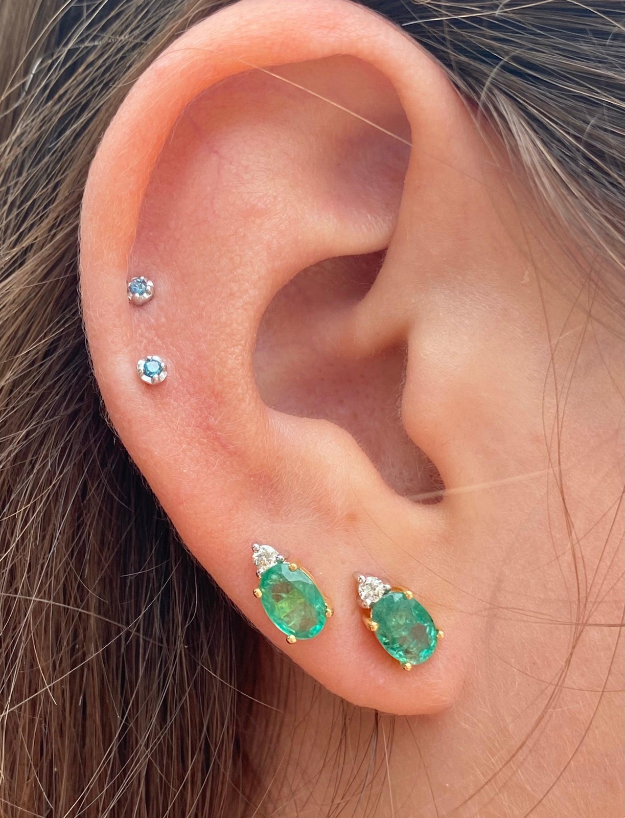 1.5 CTW Oval Cut Emerald Stud Earrings & Diamond Tops in 14K Gold