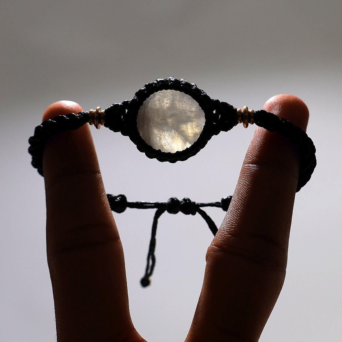 Blue Fire Rainbow Moonstone Macramé Bracelet – Handmade Lunar Glow Wrist Jewelry