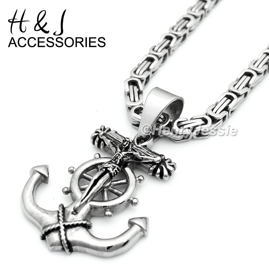24″MEN Stainless Steel 6mm Silver Box Link Chain Anchor JESUS Cross Pendant*P58
