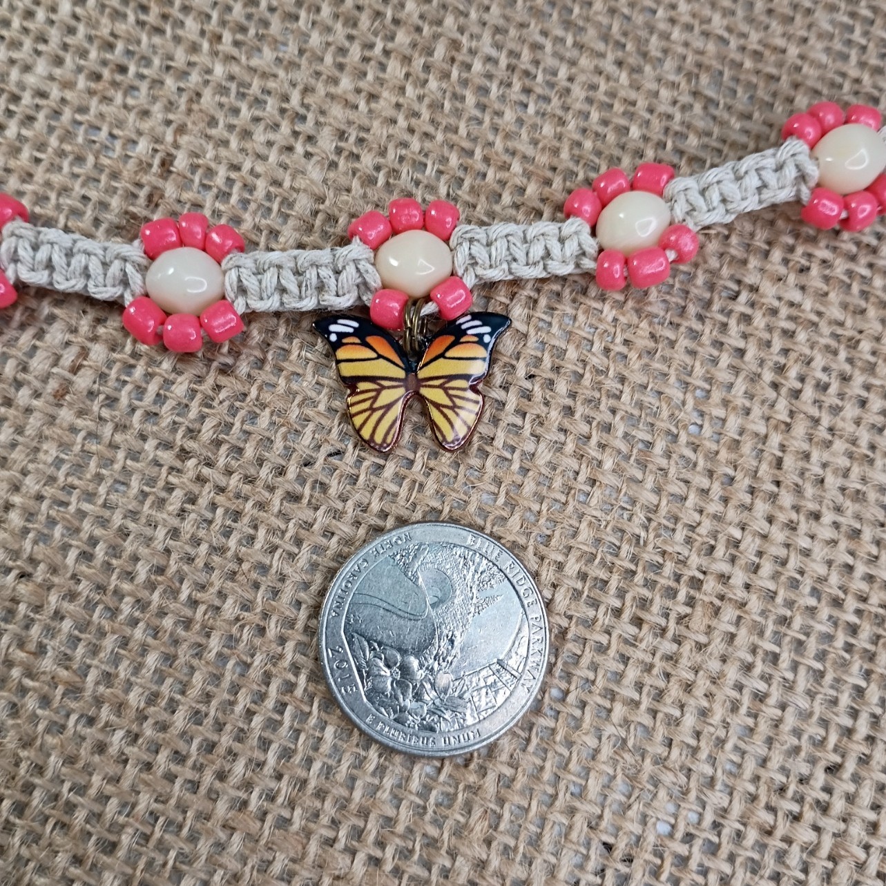Natural Hemp Necklace w/ Butterfly Charm & Glass Beads, 17-22 inch Ready to Ship