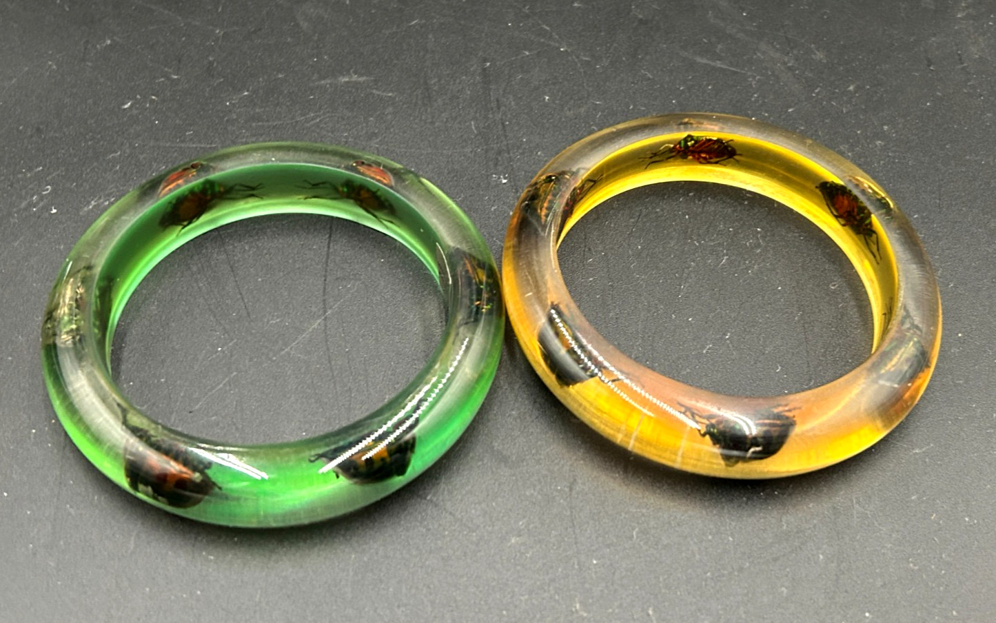 2 Vintage Resin Lucite Jewel Bettle Bangle Bracelets from Philippines Green Yell