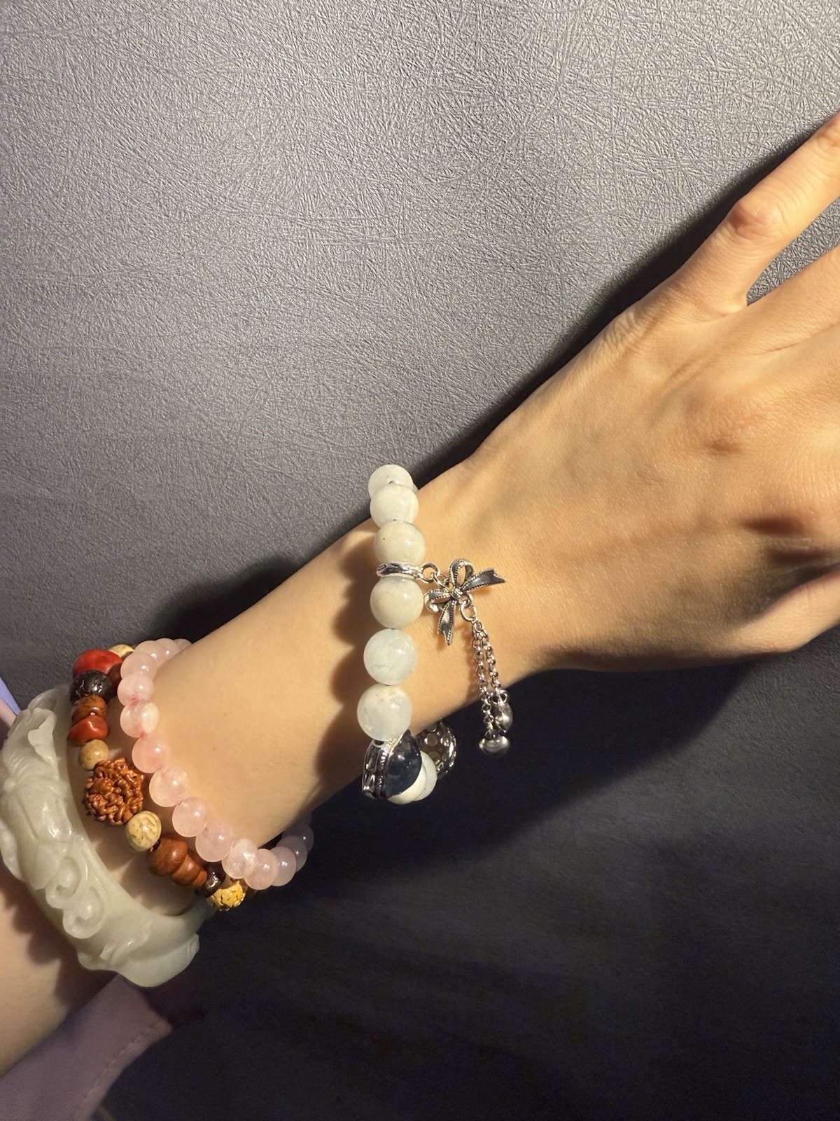 11.6mm Unqiue Natural Aquamarine with Rose Quartz，Fluorite Charm Bracelet