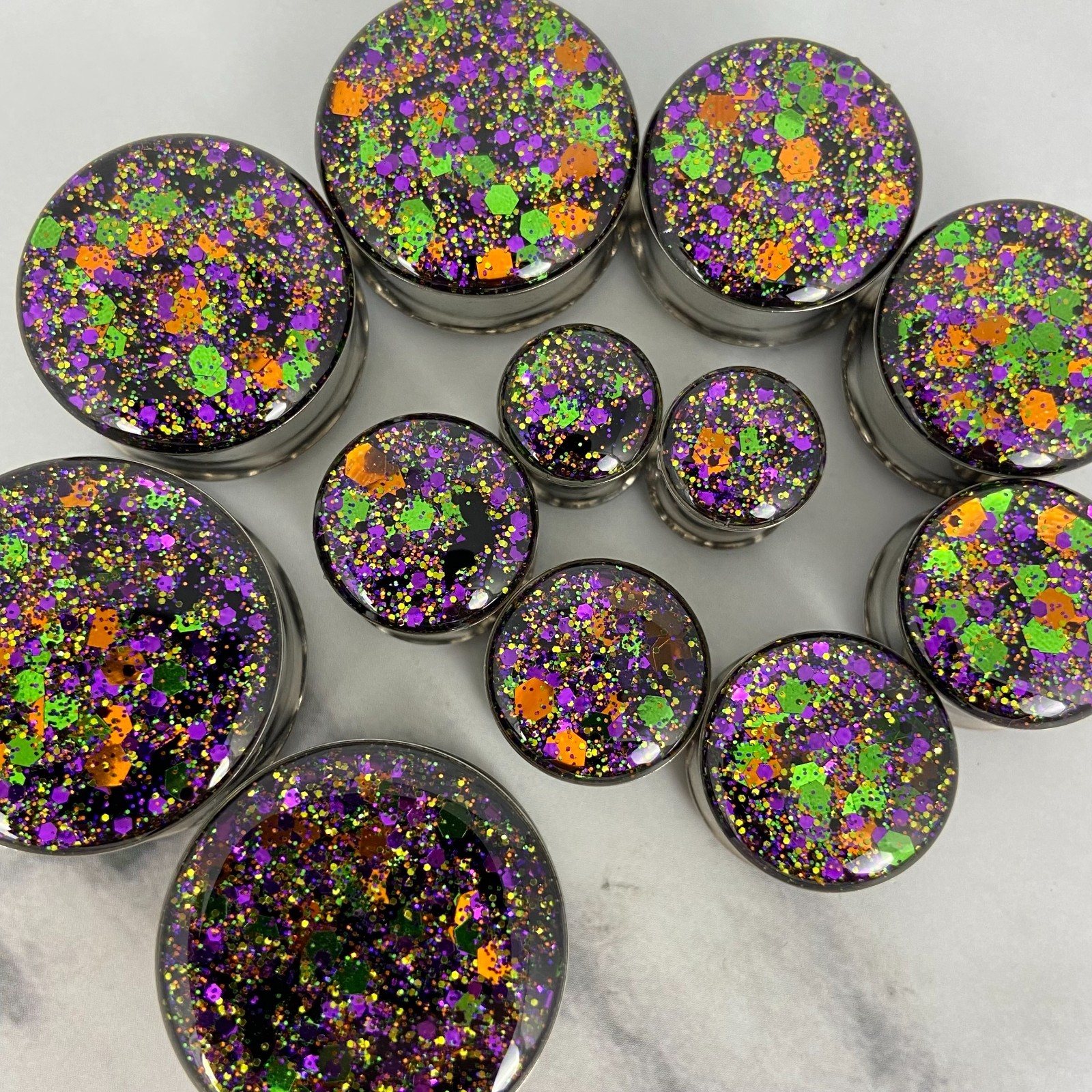 Embedded Halloween Glitter Steel Plugs (MTO-051) gauges pair handmade