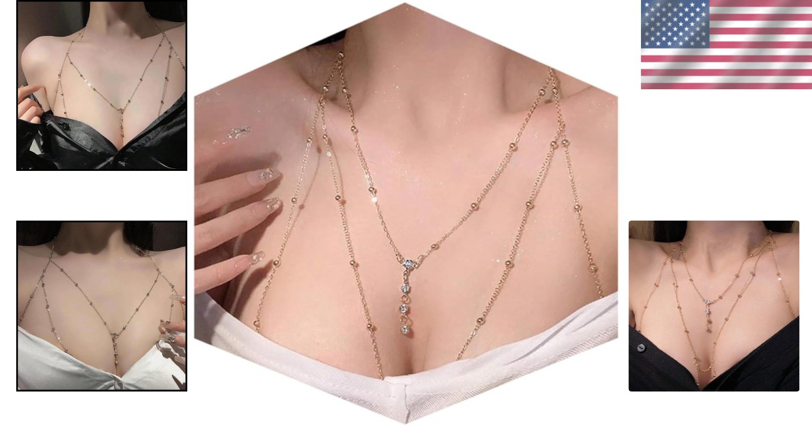 Versatile 14K Gold Plated Bikini Bra Chain with Summer Rhinestone Accents