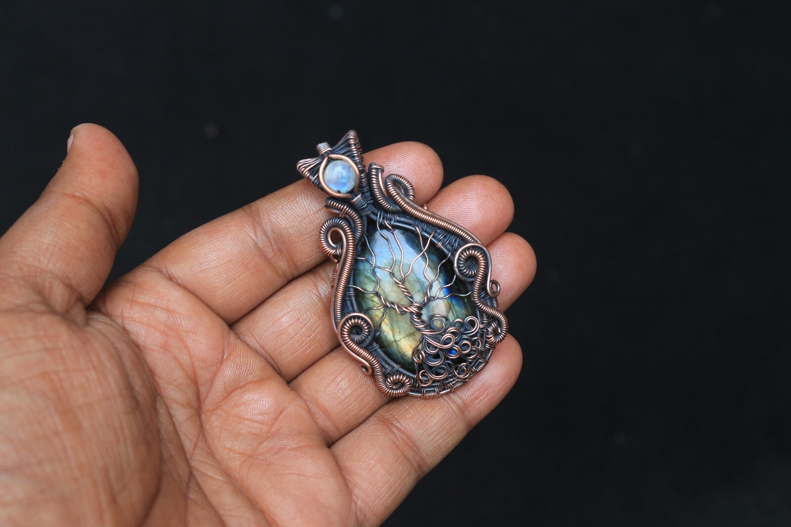 Yellow Fire Labradorite Copper Wire Wrap Tree Of Life Pendant Jewelry Gift NK547
