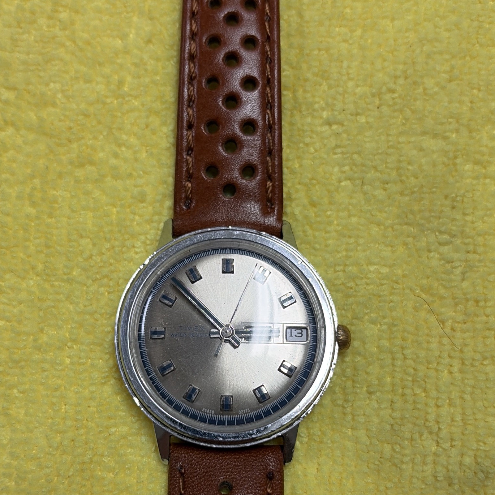Automatic..Timex MarlinAnalog Wristwatch Date WR Silver Dial Brown Leather Strap