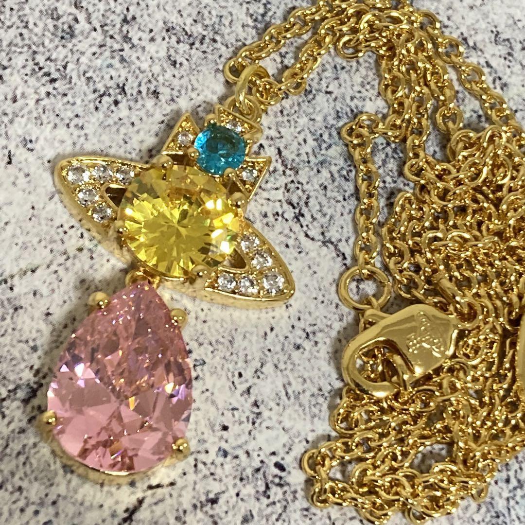 Vivienne Westwood Necklace Rhinestone Drop Multicolor Pink w/drawstring