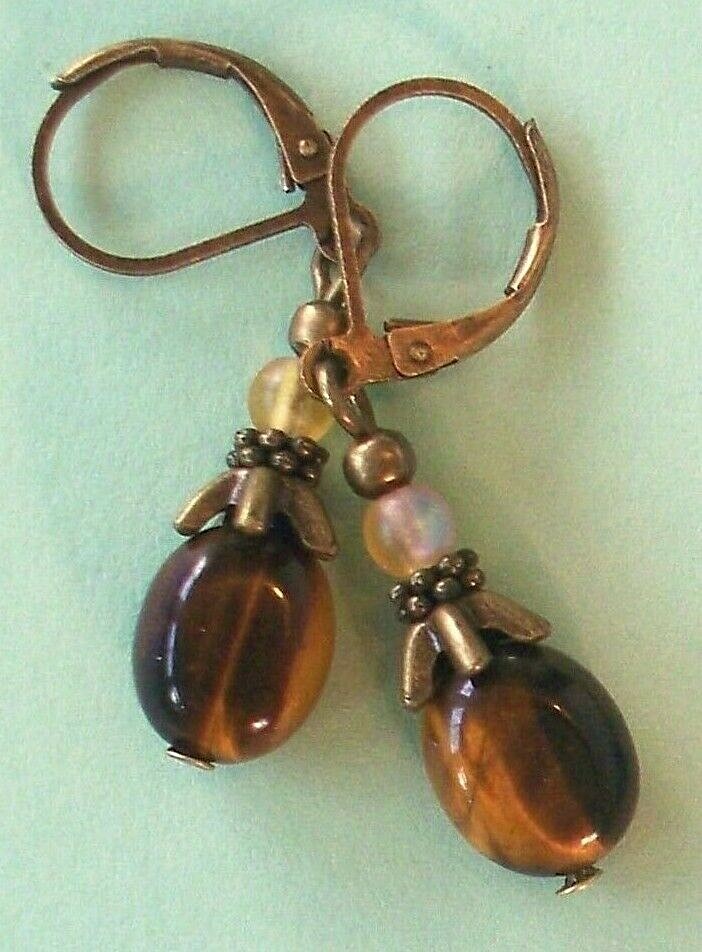 TIGER EYE oval frosted Crystal earring BRONZE handcrafted LEVERBACK XGE
