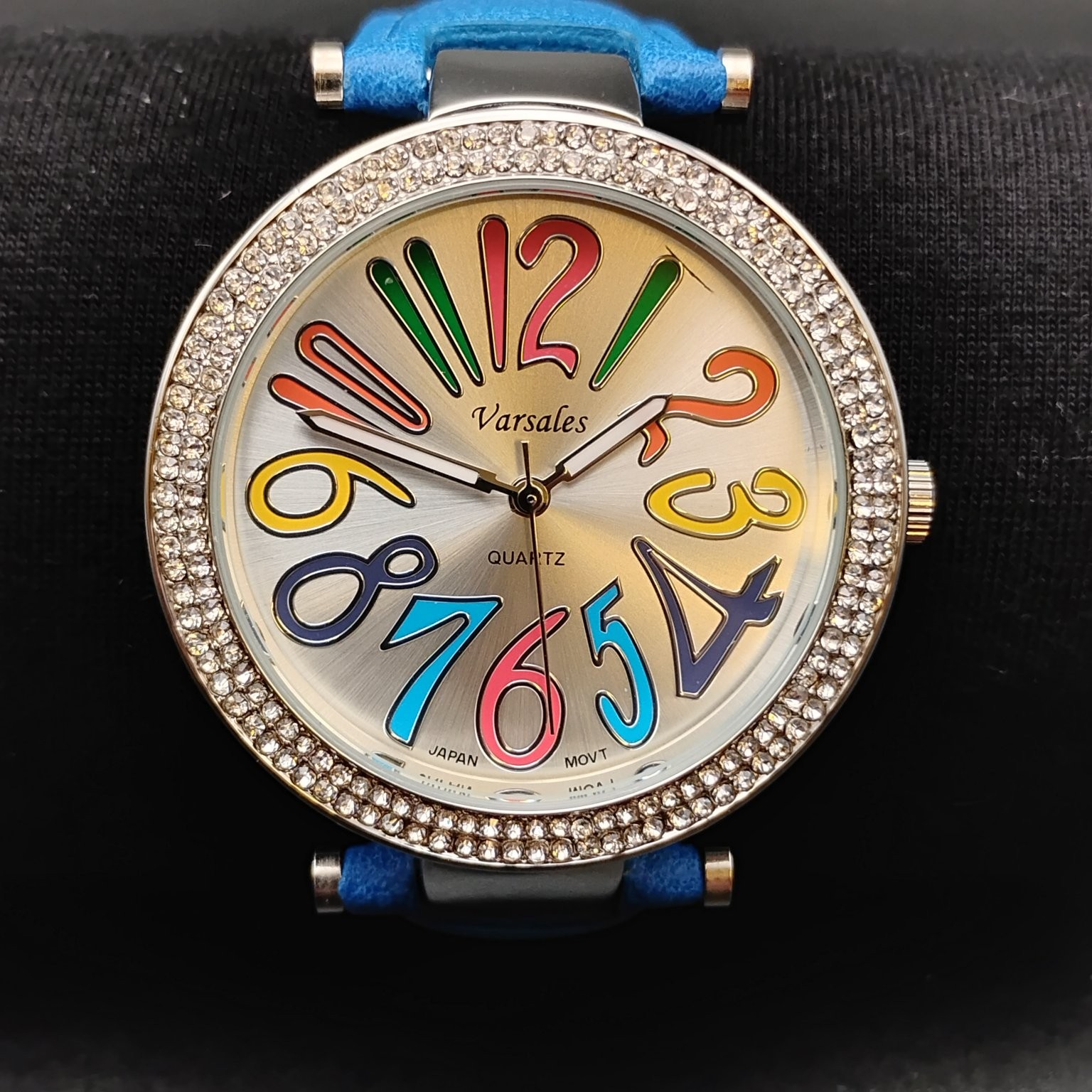 Varsales V5186-2 Wristwatch Blue Band Multicolored Arabic Dial Rhinestone Bezel
