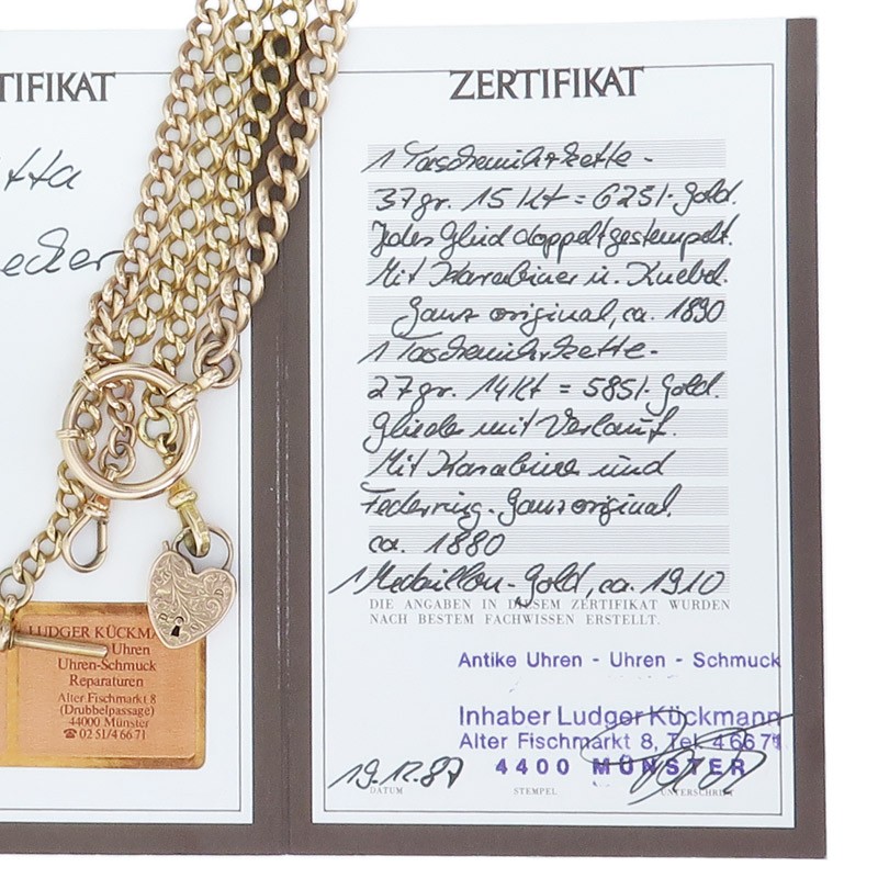 Chains Two Pocket Watch Chains Heart Pendant Clasp Gold Antique Certificate