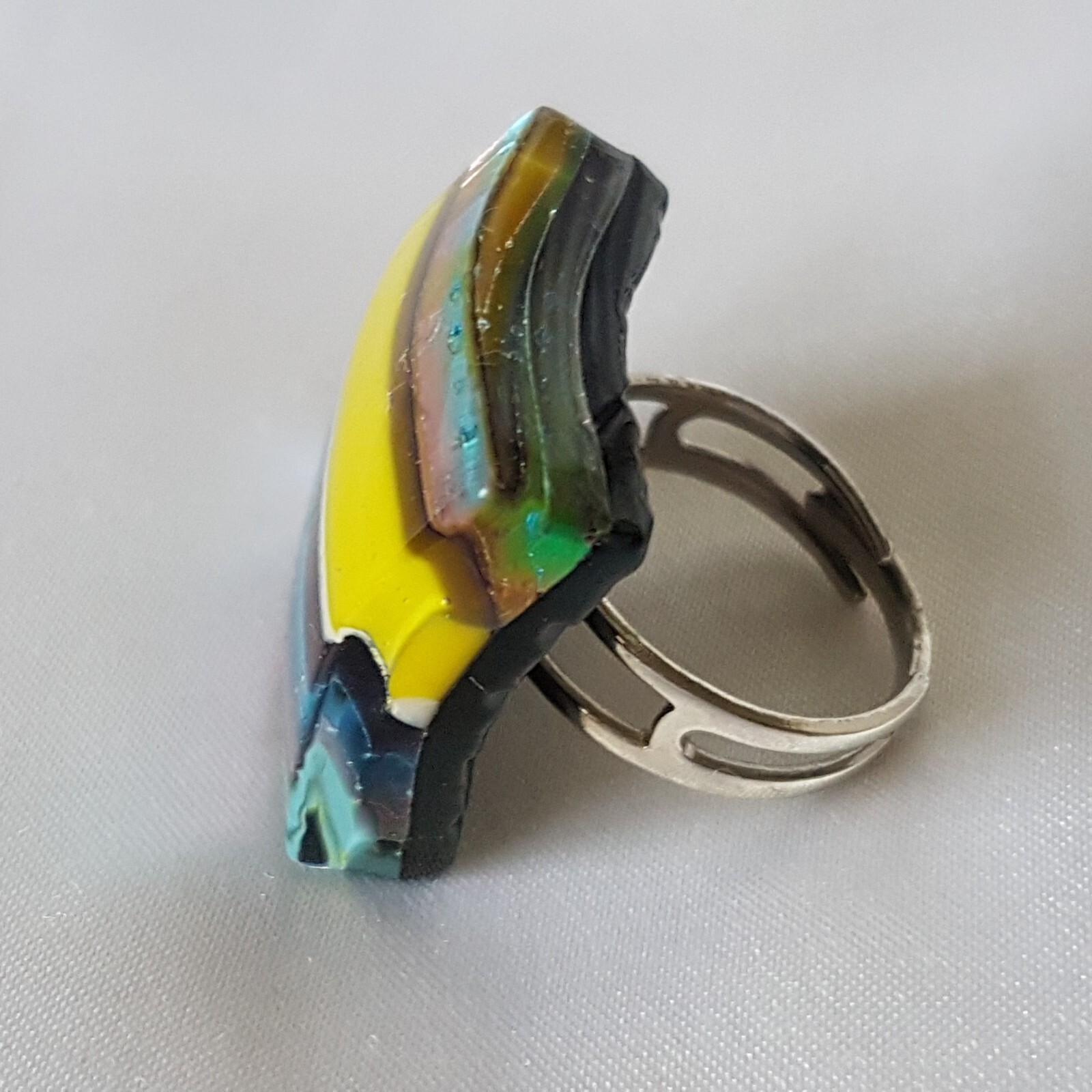 Ring ~ Blue, Brown, Yellow Stripes ~ Glass & Chrome ~ UK Size M 1/2 (Adjustable)