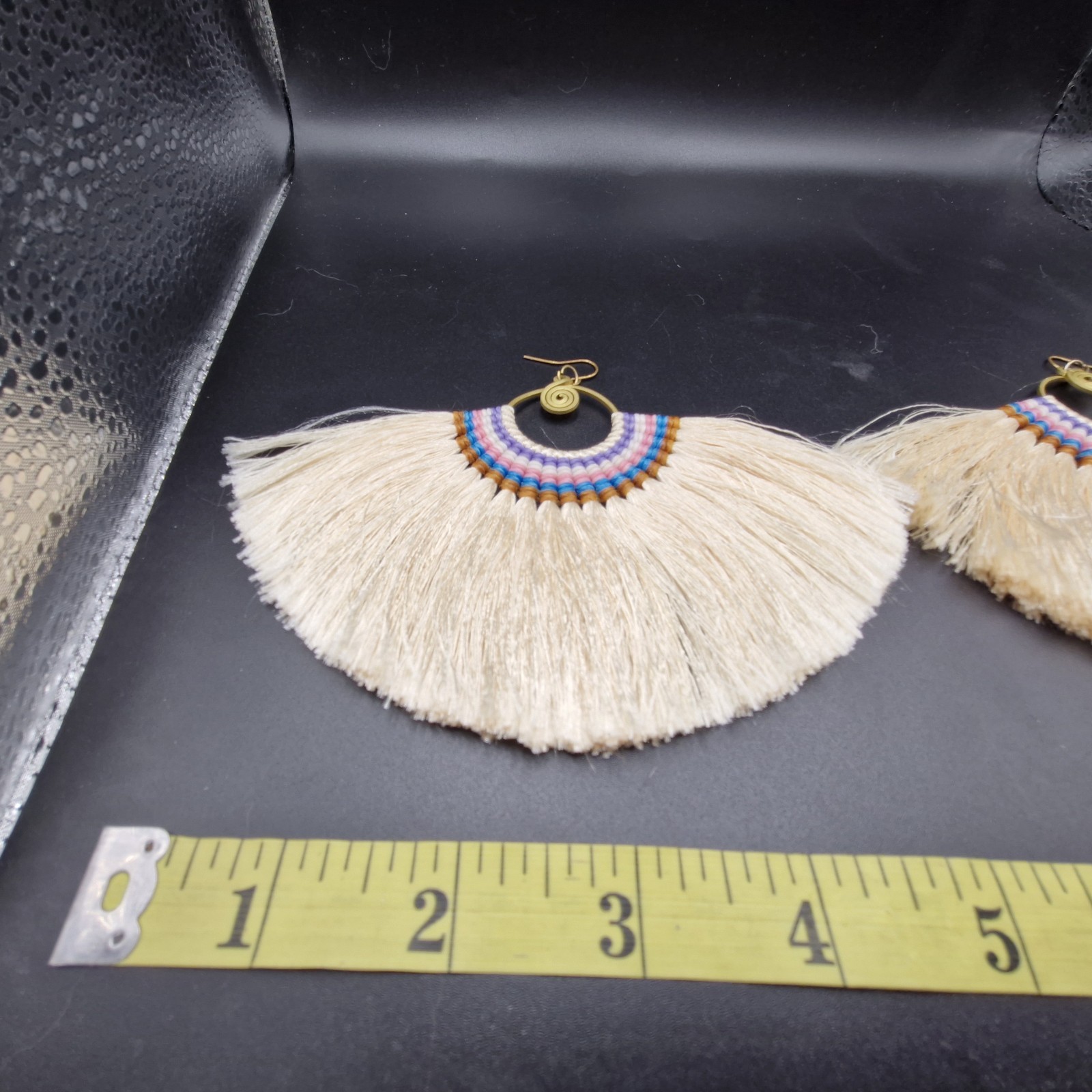 SW Style Large Runway Tassel Macrame Earrings Brass Blue, Orange, Tan 3.5 X 4.5″