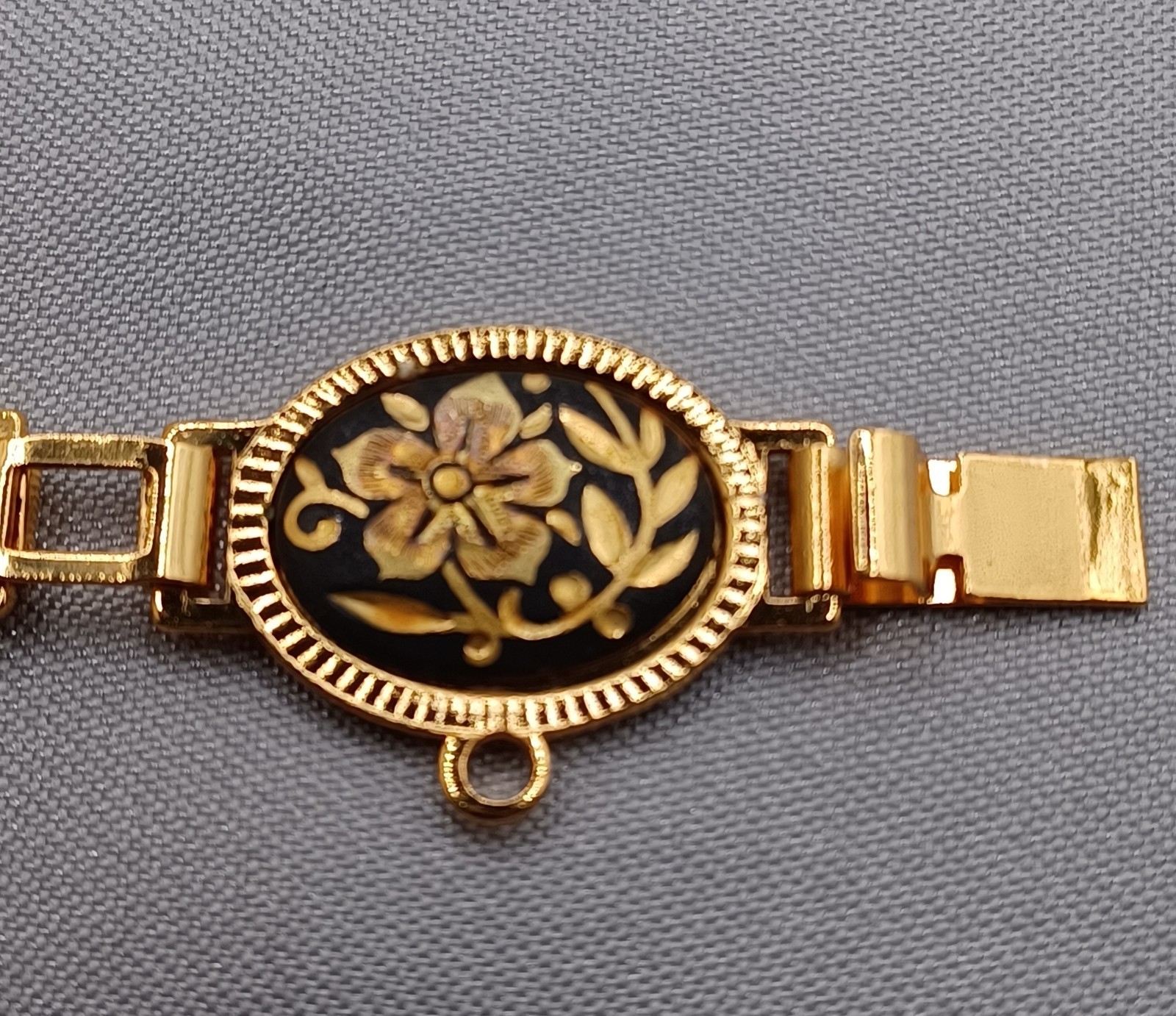 VTG Midas Damascene Bracelet Flower & Bird Black w/Gold Inlay Toledo, Spain8.25″