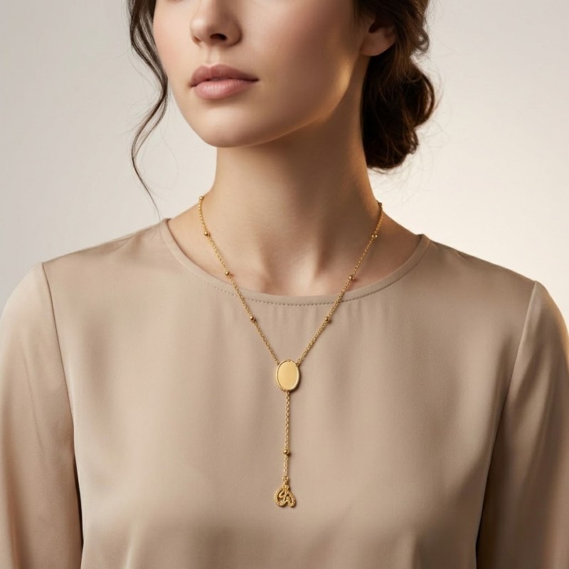 Elegant Gold Tone Lariat Necklace Oval Pndant Beaded Chain Filigree Charm Gift