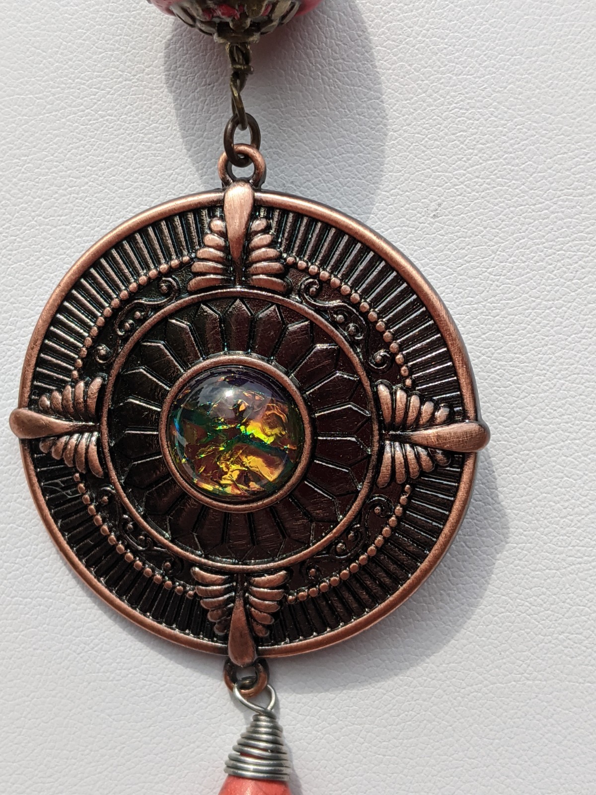 Copper Medallion on a Long Tri-colored Chain Necklace