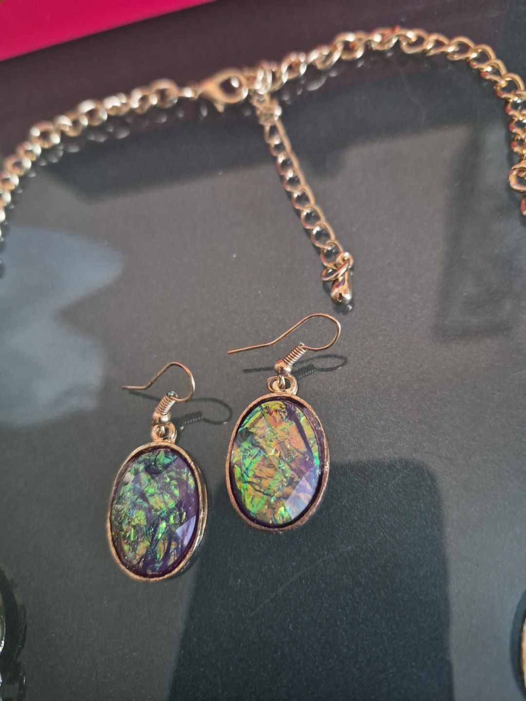 Designer Gold Color Created Opal Adjustable Necklace Up To 27″, Earrings Set