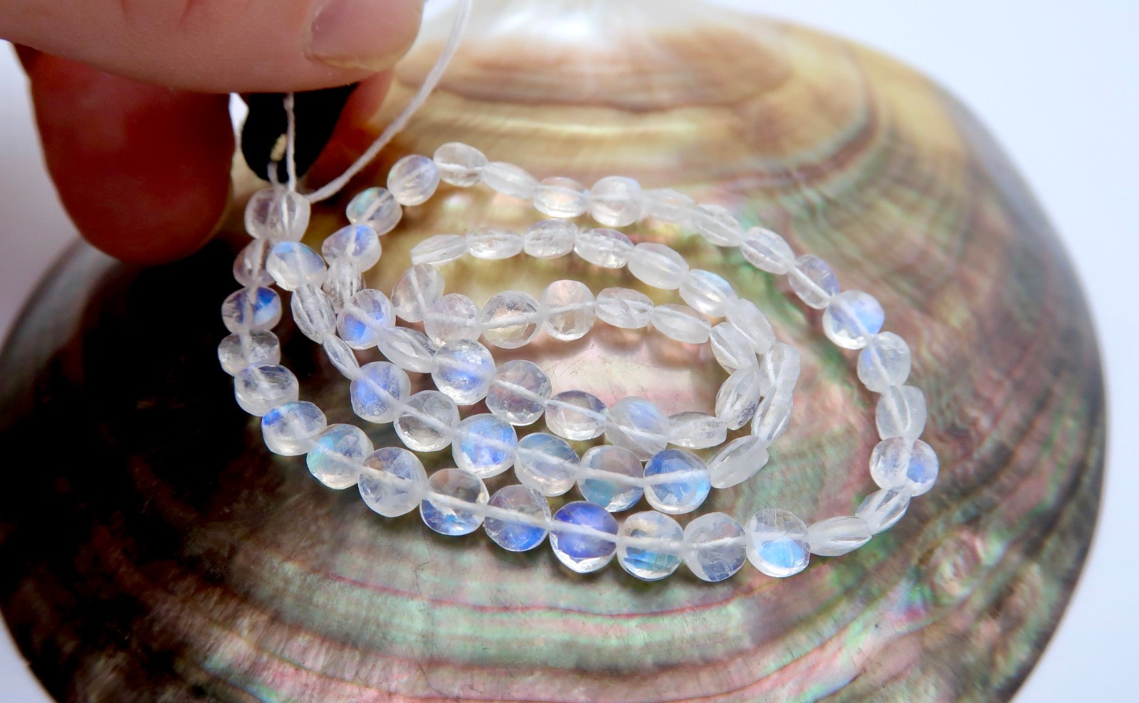 FULL STRAND STUNNING AAAA BLUE TEAL FALSH MOONSTONE 4.3-4.6mm FACETED COIN BEADS