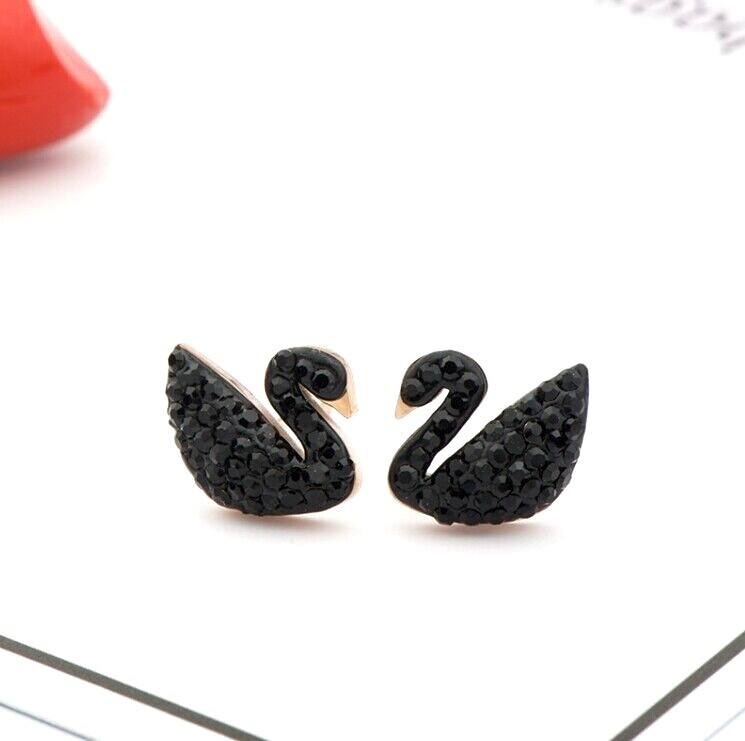 Rose Gold Titanium Black / Red Swan Bird Pave CZ Stud Earrings