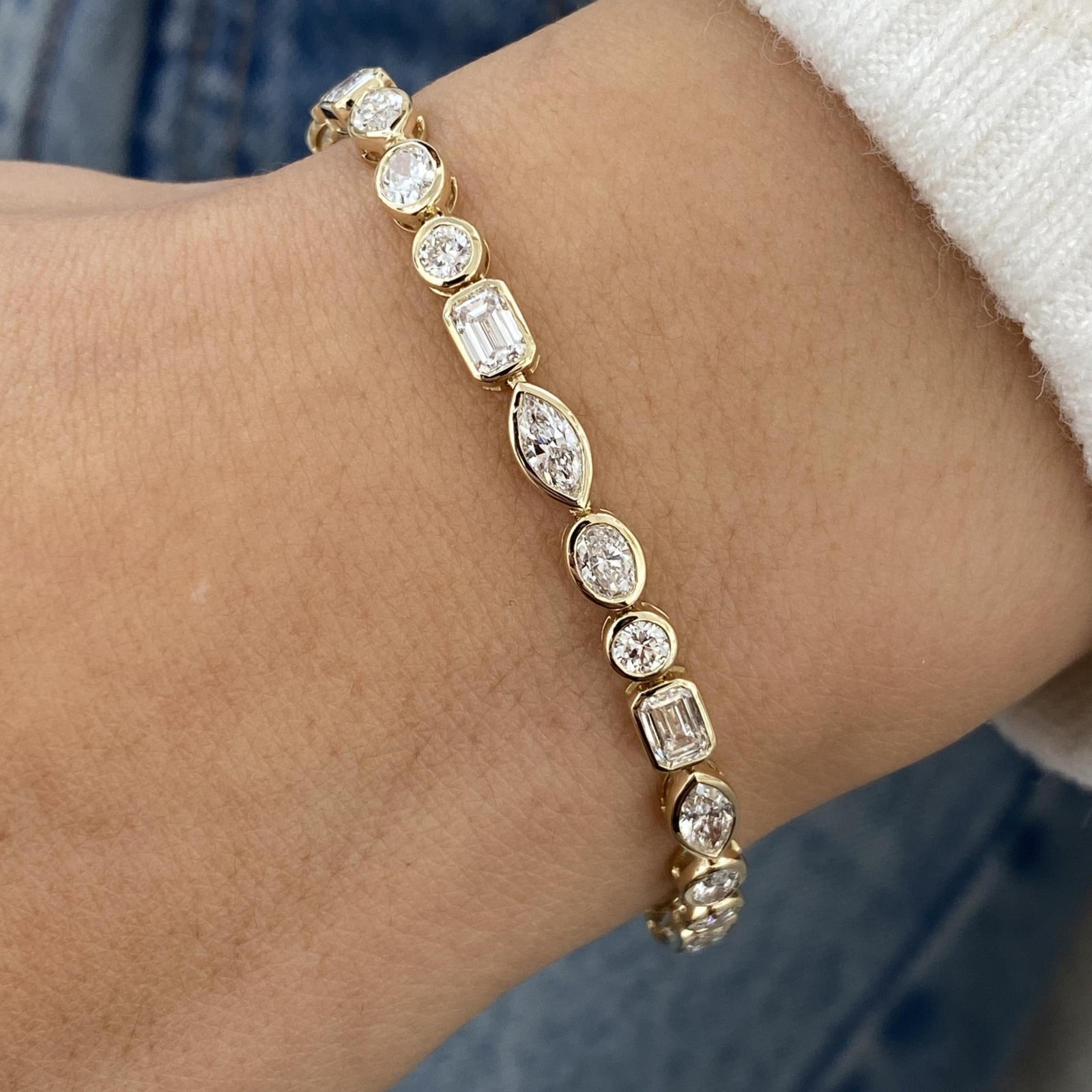14k Solid Yellow Gold Lab Grown Diamond Multi Cut Bezel Style Tennis Bracelet