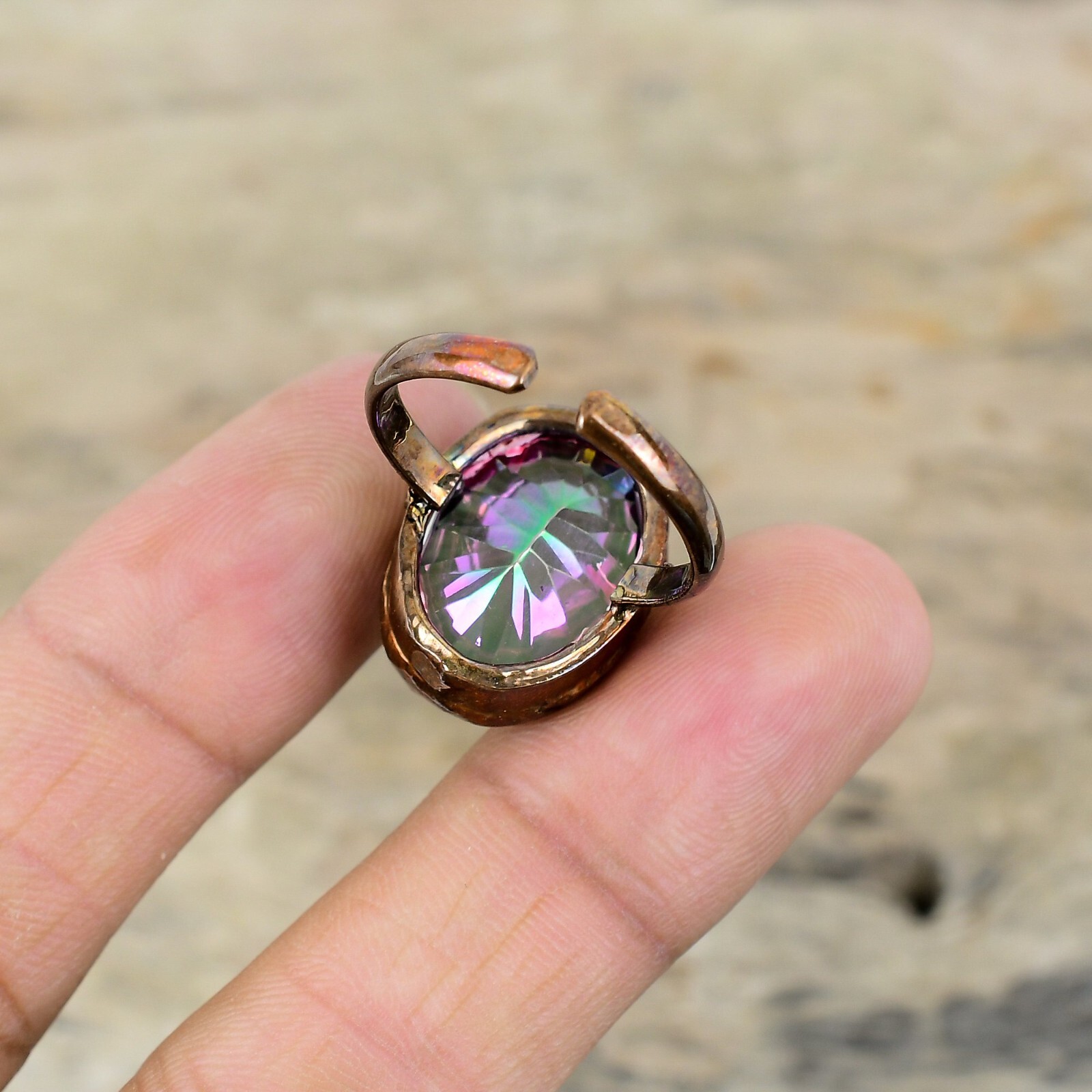 Rainbow Mystic Topaz Electroformed Adjustable Ring Size Adjustable Copper