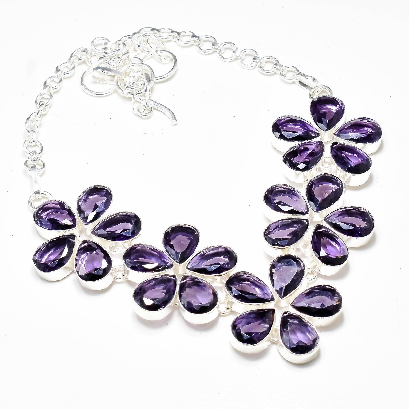 925 Sterling Silver Purple Amethyst Gemstone Handmade Jewelry Necklace Size-18