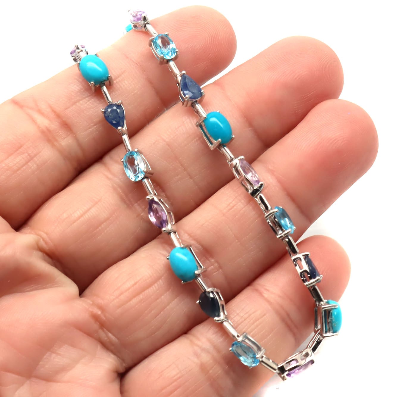 Natural Blue Turquoise Topaz Amethyst Sapphire Necklace 925 Sterling Silver 15in