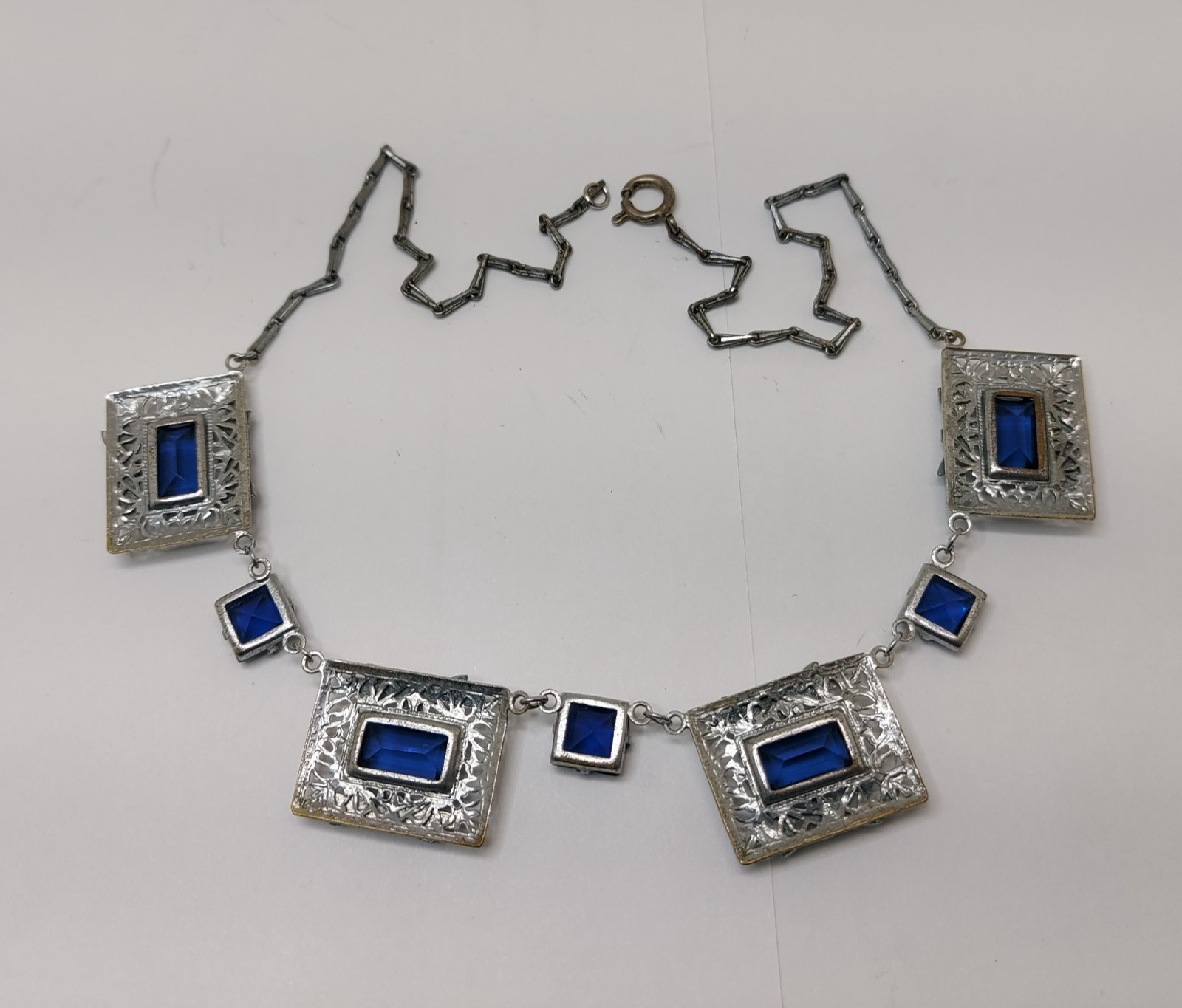 1920s Art Deco Czech Deep Blue Glass Enamel Flower Floral Filigree Necklace