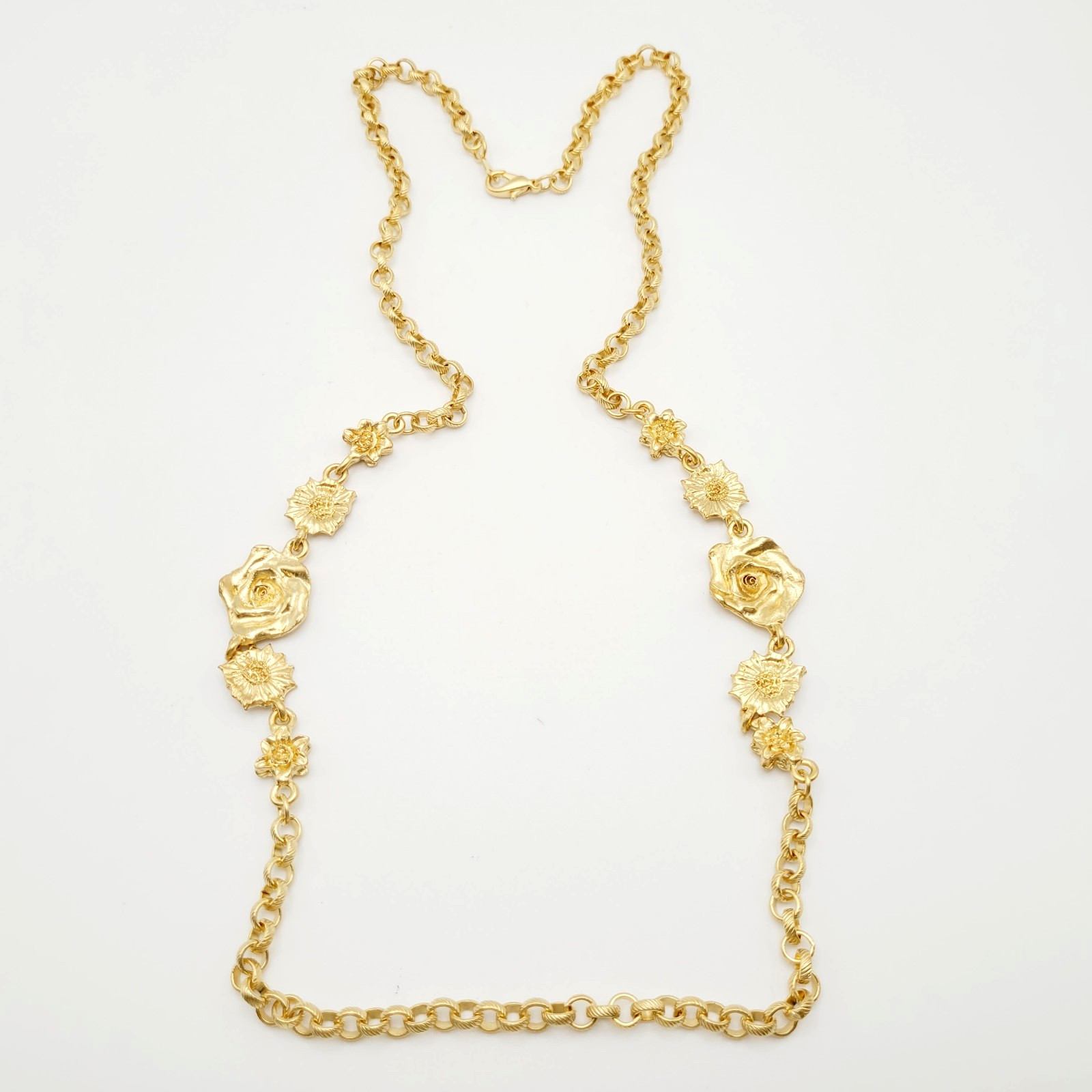 Unique Rose Floral Station Style Bright Gold Tone Sautoir Vintage Necklace Korea