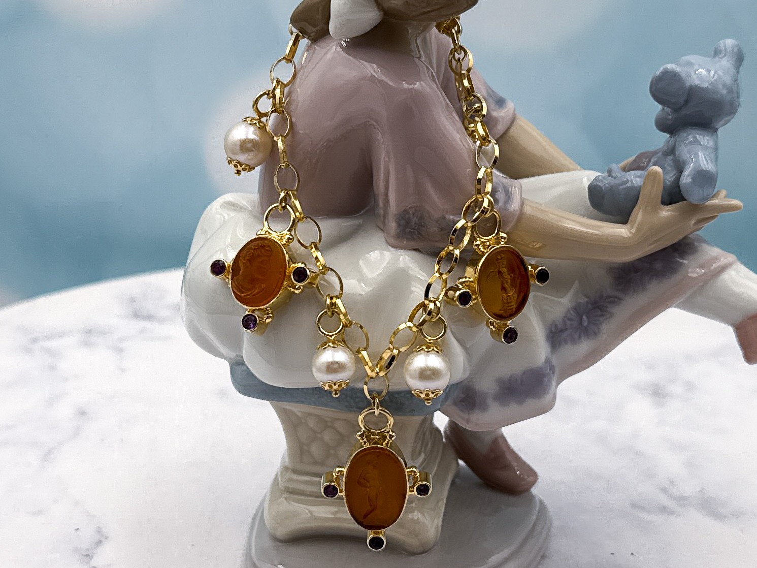 TAGLIAMONTE (LD3601B) 925SS/YGP Venetian Cameo Charm Bracelet *Pearls*Reg.$350