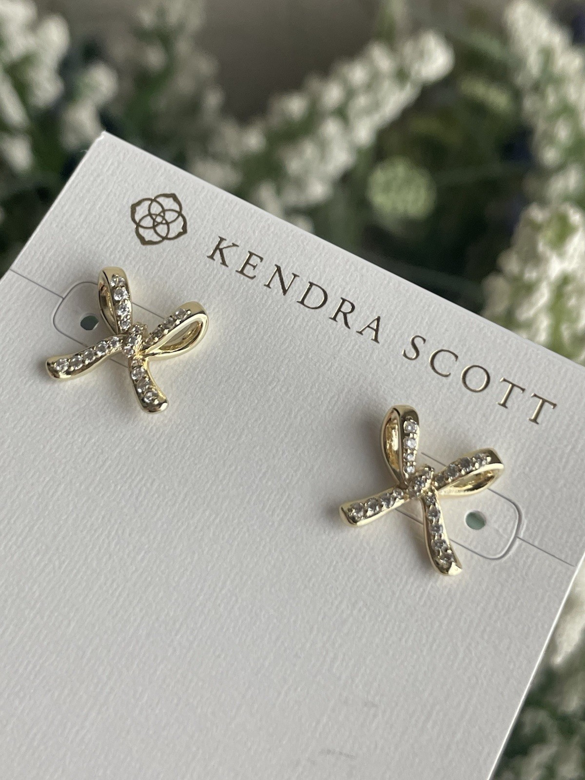 Kendra Scott Gold Tone Sasha Stud Earrings Bow Design Clear Crystals New W/ Tag