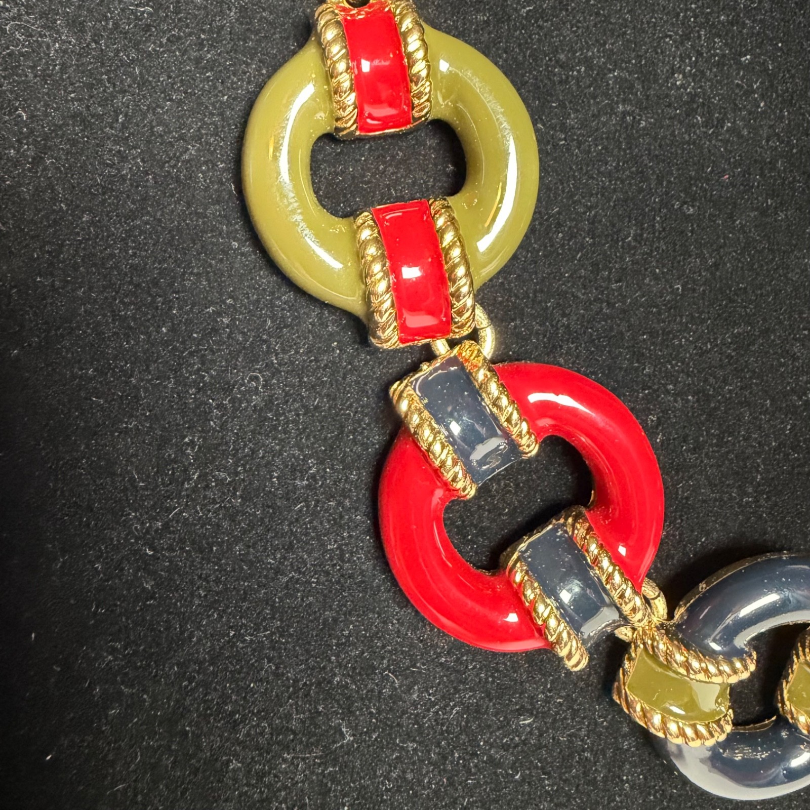 Talbots Gold Tone Enamel Link Necklace Red Blue Olive Green Statement 21″