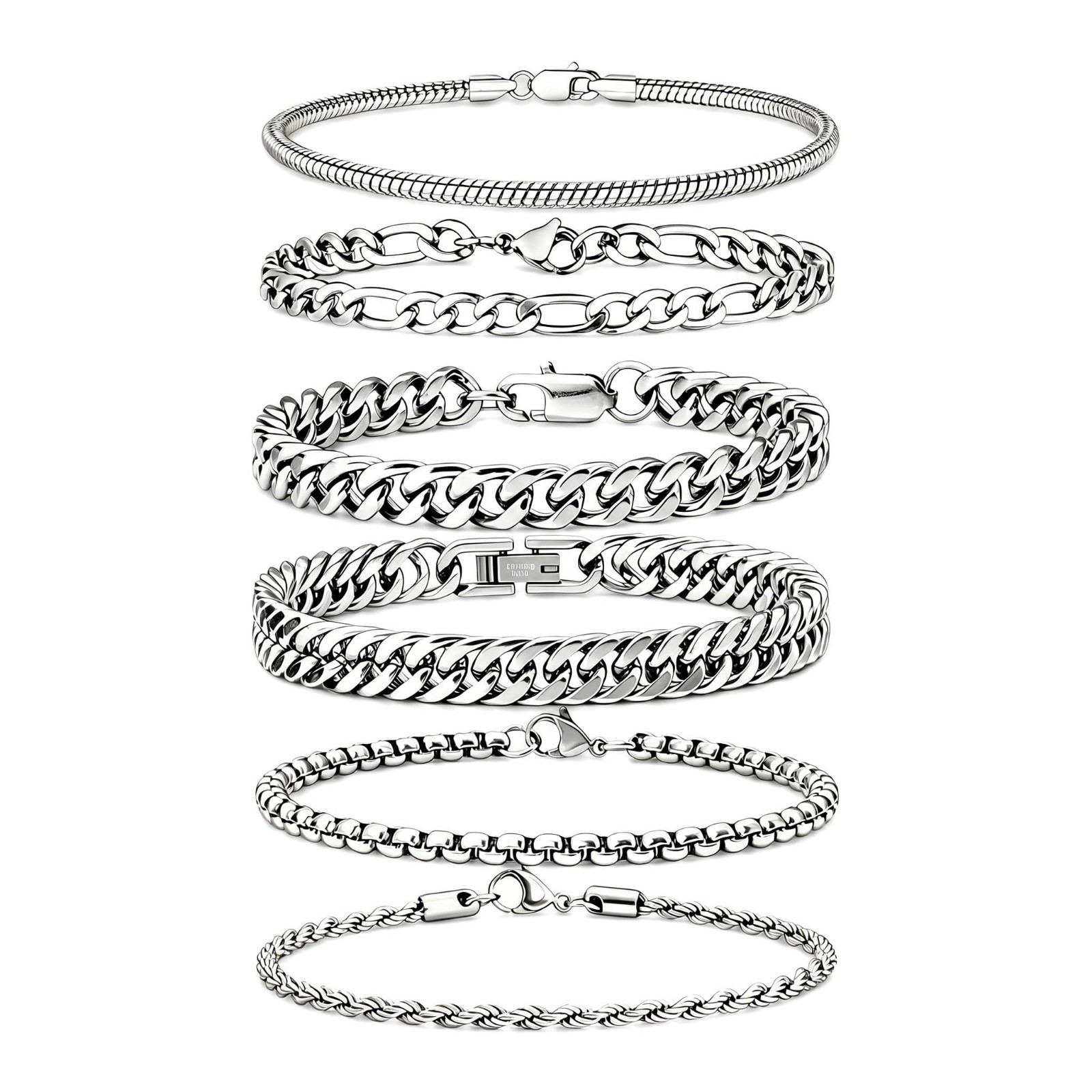 6 Pcs Men’s Bracelets Set – Silver/Gold Cuban Link, Figaro, Rope Chains, 7.5-9