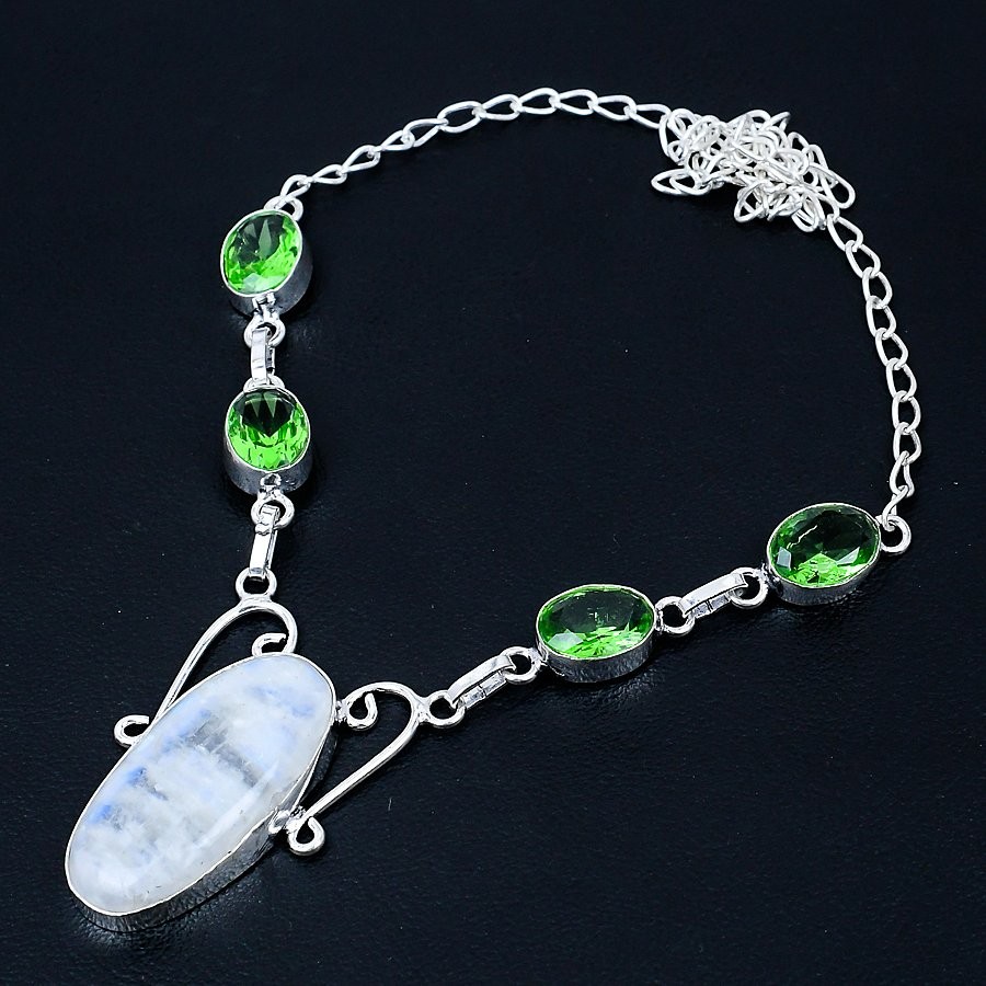 Rainbow Moonstone, Tsavorite Gemstone 925 Sterling Silver Necklace 17-18″ g411