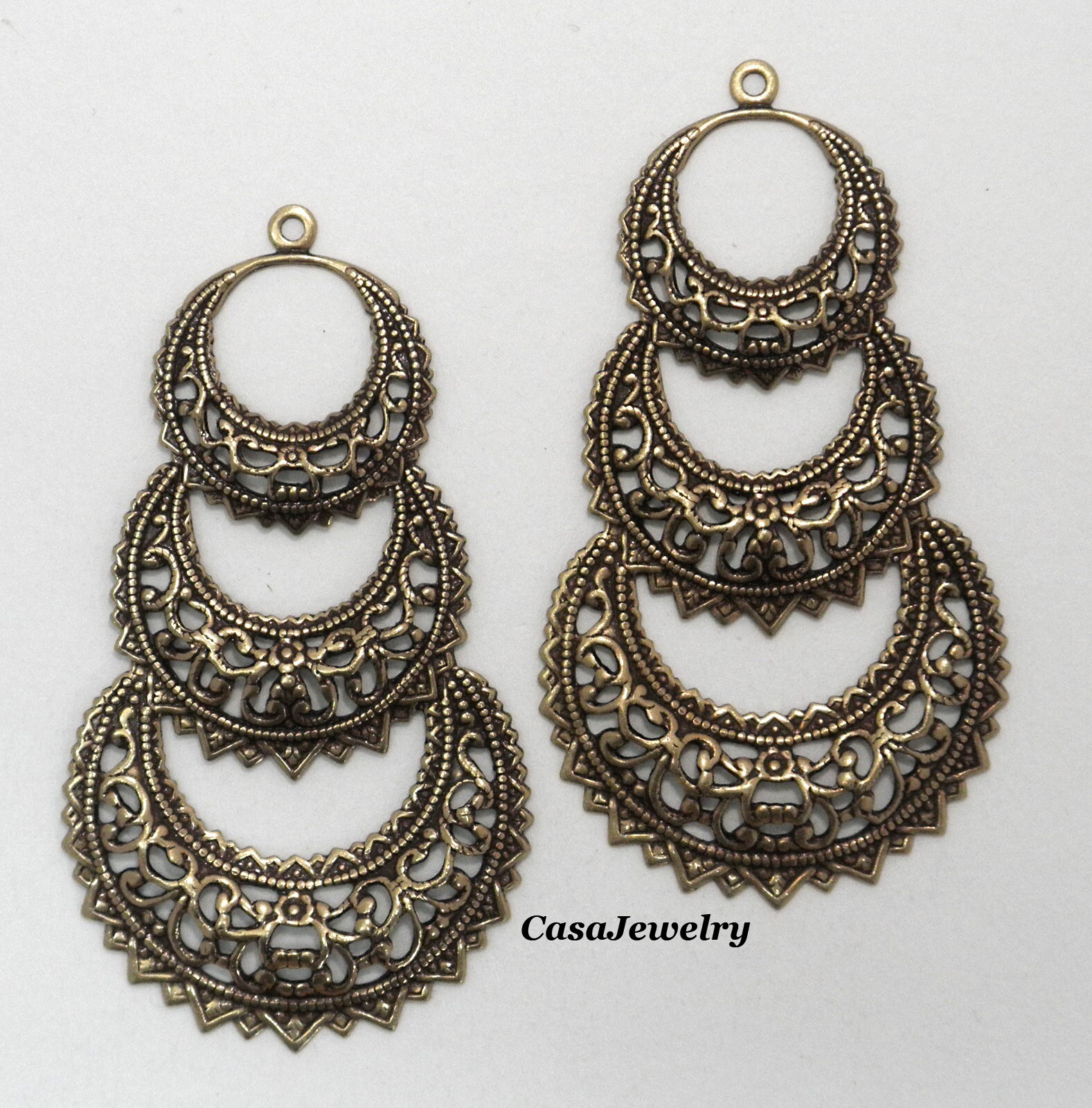 #2179 ANTIQUED GOLD OPEN FILIGREE TRIPLE CRESCENT W/TOP HANG RING – 2 Pc Lot