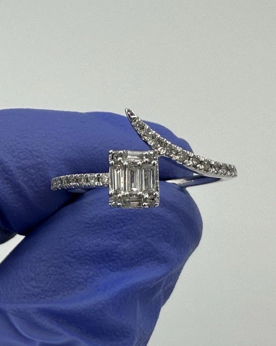 14k White Gold Square Shape Diamond RD/BG 0.27ctw Ring Band Sz 6.5 1.85g
