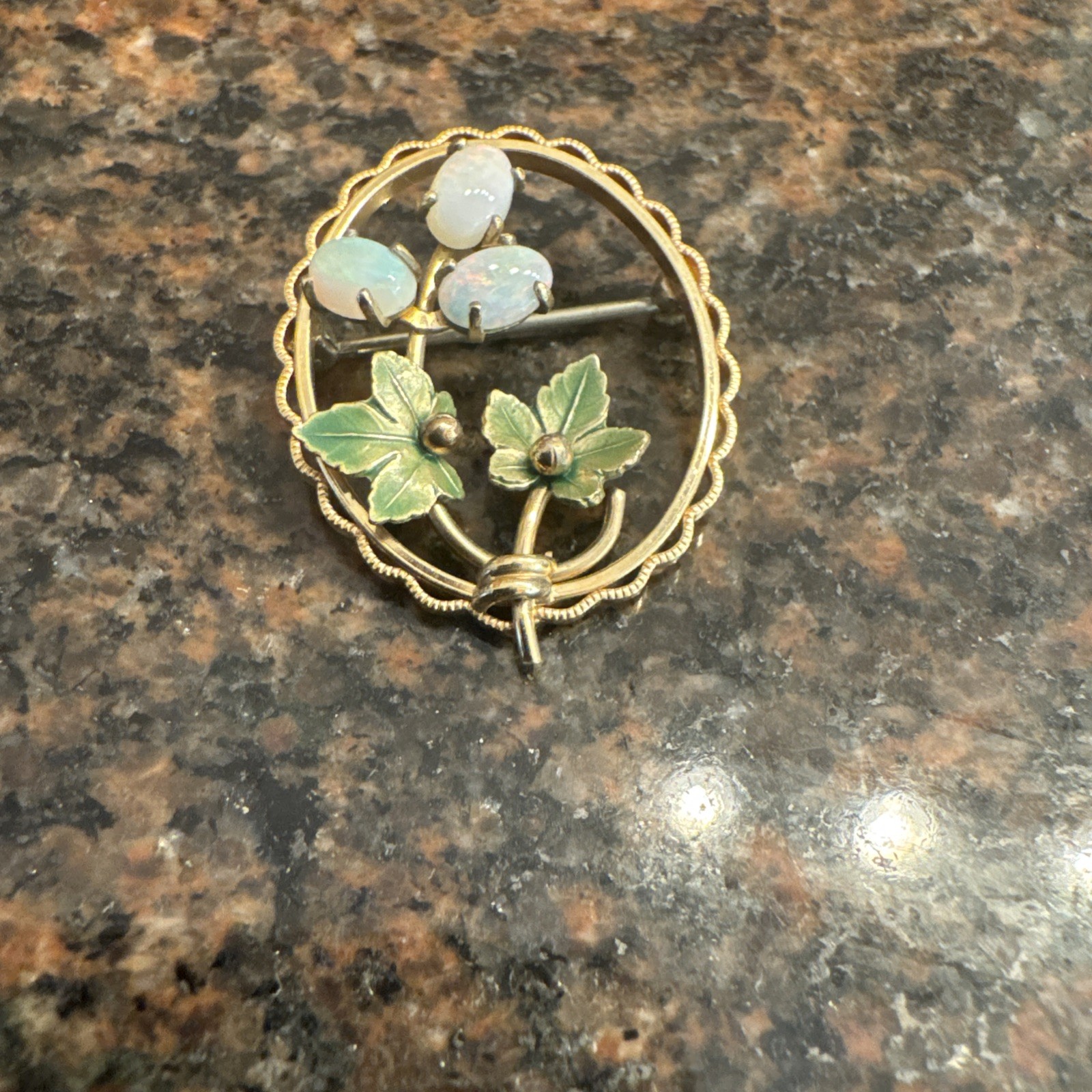12K 3.3+ Gram Gold Enamel 4 Four Leaf Clover Good Luck Flower Brooch Pearl Pin