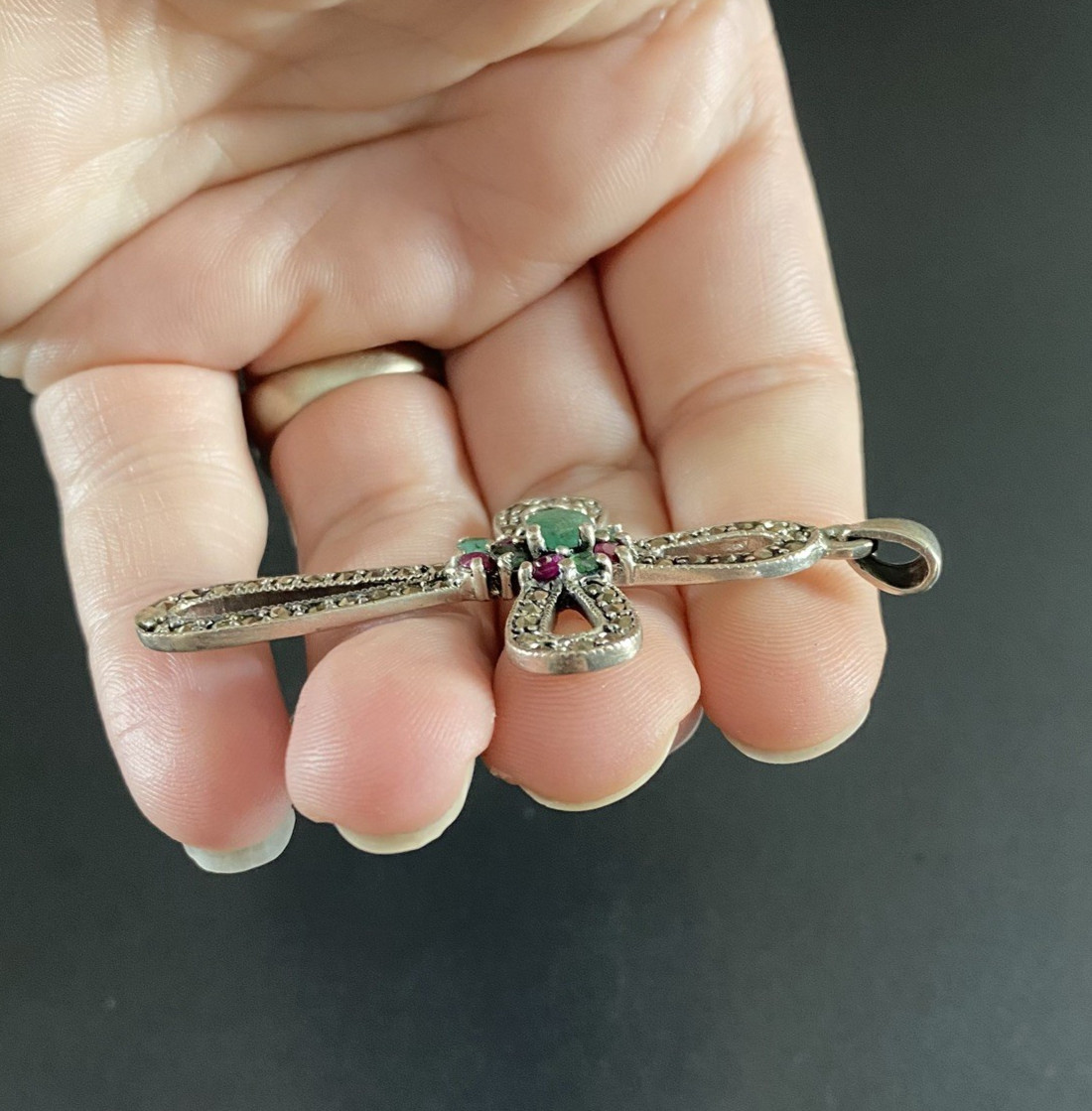 Sterling Silver Cross Pendant Large 925 Emerald Ruby Marcasite Gothic Religious