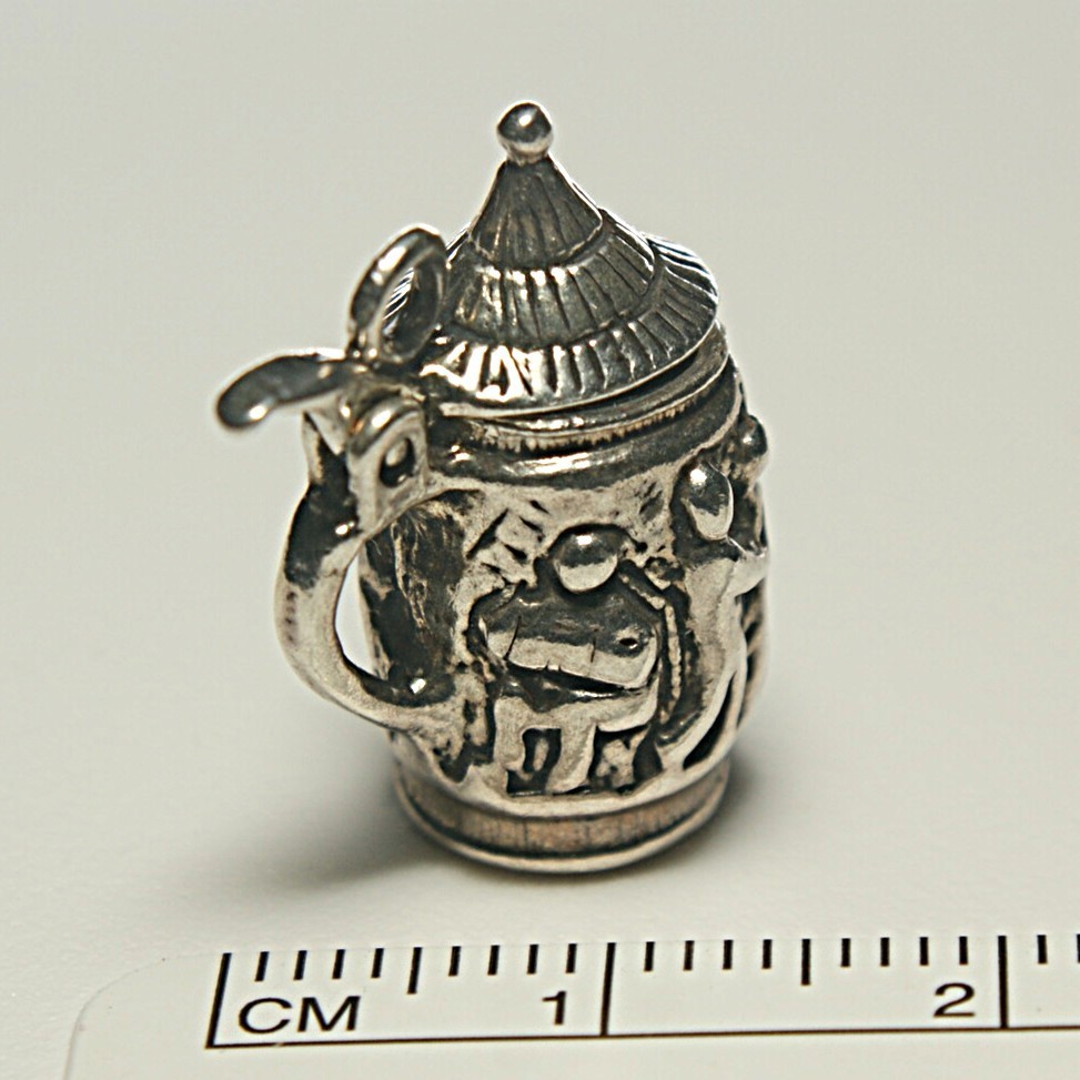 sterling silver beer stein charm, 20mm, 6.03g, hinged lid opens