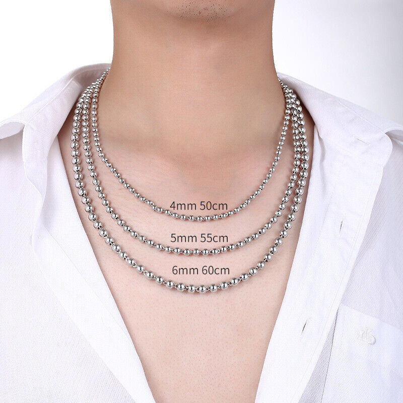 999 Pure Silver Chain Men’s 4mm/5mm/6mm Real Silver Beaded Necklace Dragon Head